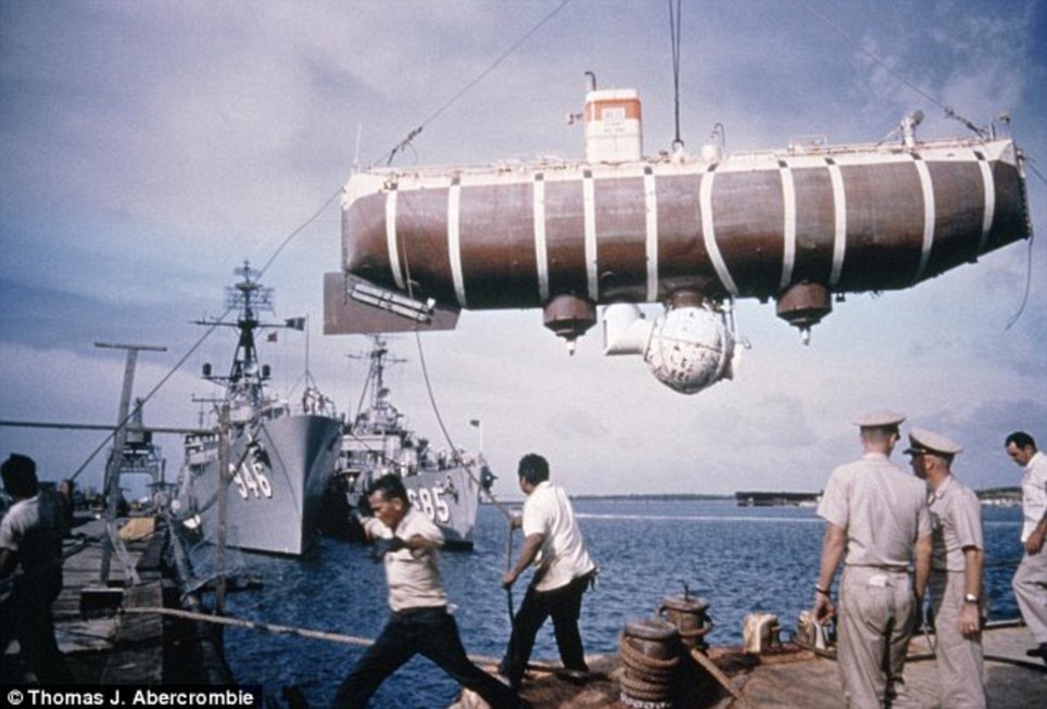 The bathyscaphe prior to its historic dive to the deepest part of the world ocean. Image: Courtesy Thomas J. Abercrombie, National Geographic Society. Image: Courtesy Thomas J. Abercrombie, National Geographic Society.