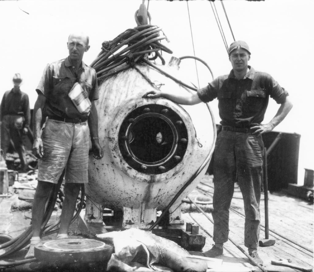 Dr William Beebe (left) with Otis Barton. Together, they championed and built a spherical diving submersible which Beebe described as a ‘bathysphere’, from the Greek 'bathus' meaning “deep” and 'sphaira' or “sphere”. Image: Wildlife Conservation Society, New York.