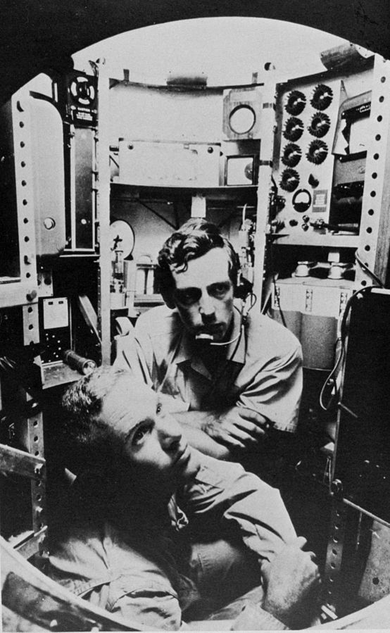 Lieutenant Don Walsh and Jacques Piccard in the bathyscaphe TRIESTE.