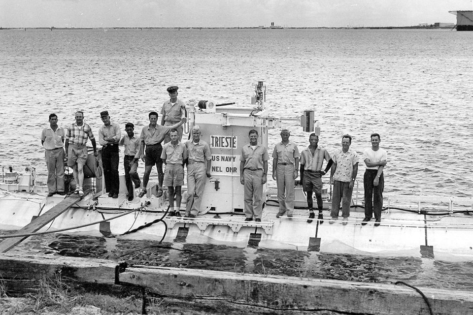 The Project Nekton team on board TRIESTE in Apra Harbour, Guam, 1959. Courtesy: Don Walsh