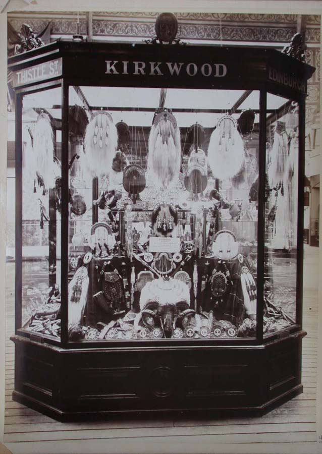 A display of the silversmith artistry and traditional highland trophies from Kirkwood, at the 1888 Glasgow Exhibition. Source: University of Glasgow. 