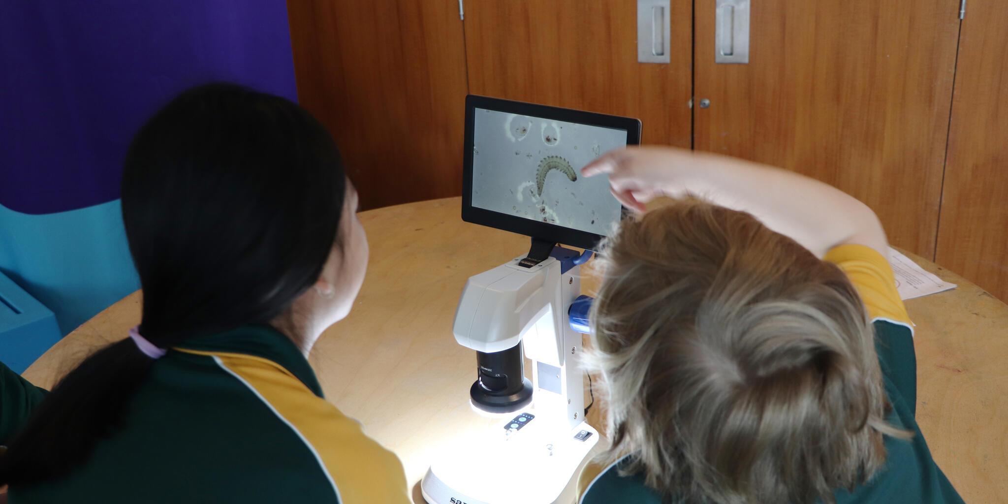 Students looking at a microscope screen