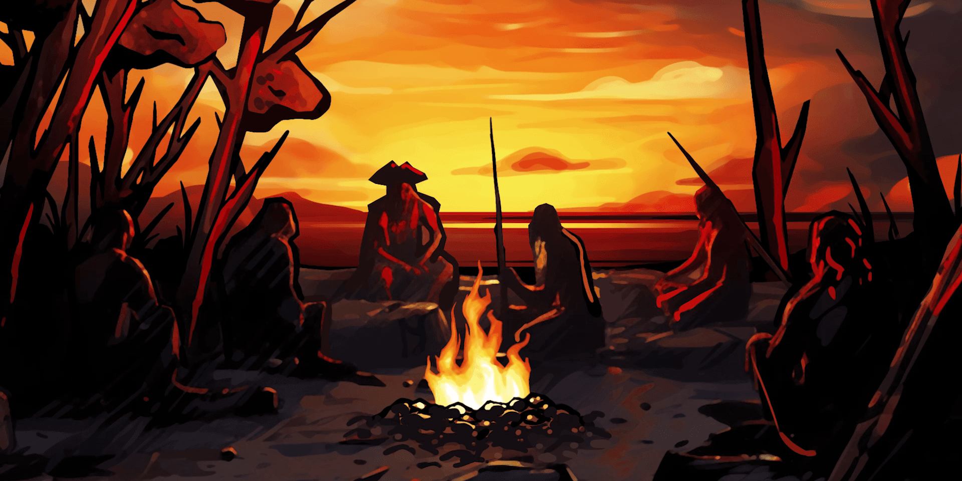 Illustration showing silhouettes of people siting around a campfire with a sunset in the background