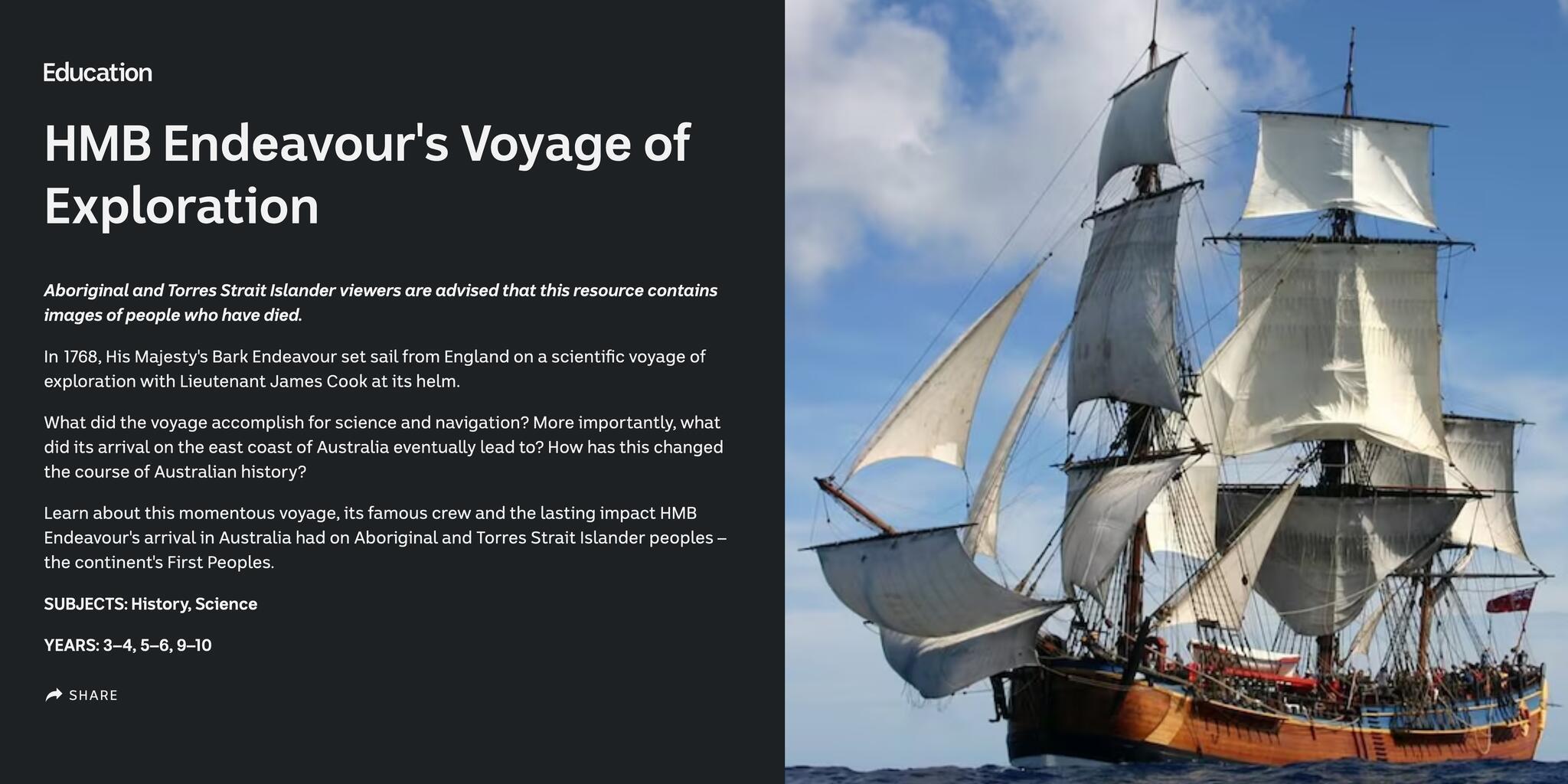 Screenshot of ABC education digibook showing intro text and image of tall ship Endeavour