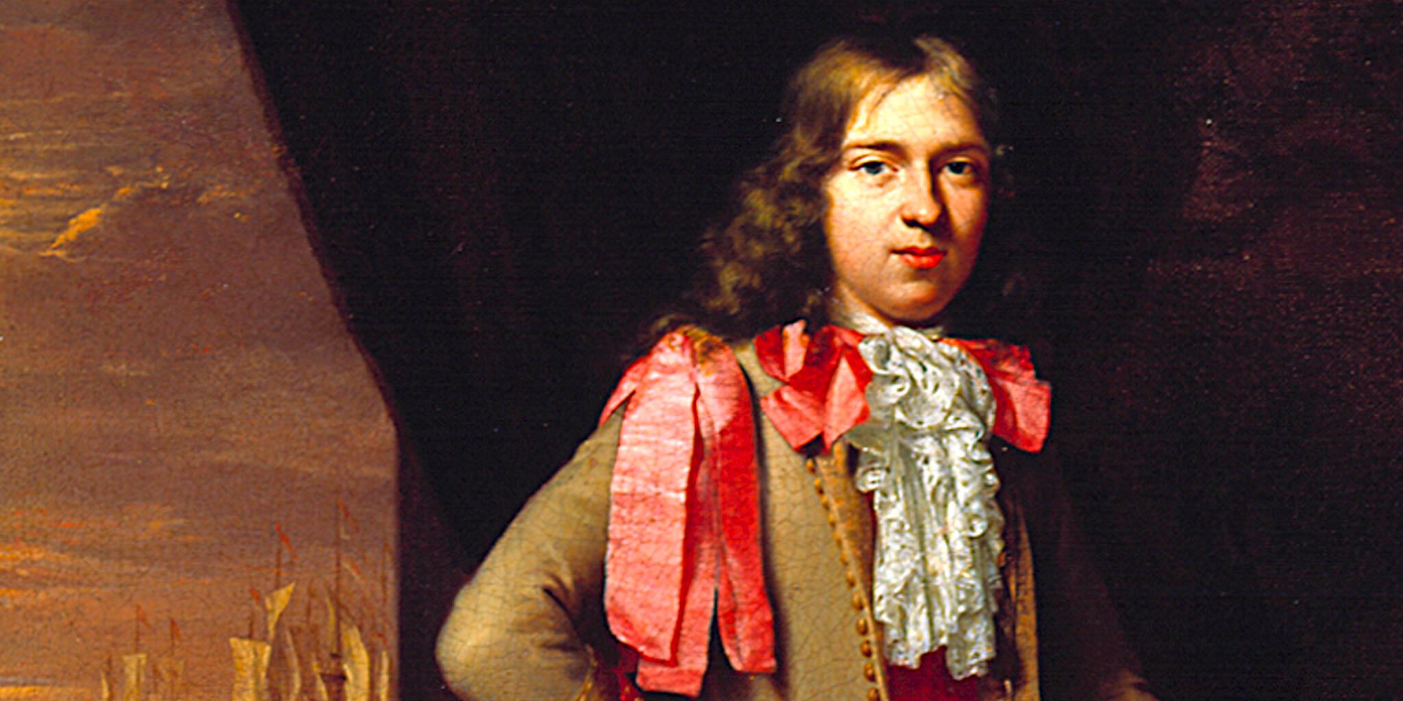 close up of a painting showing a man with long hair dressed in a fancy brown coat and red ribbons