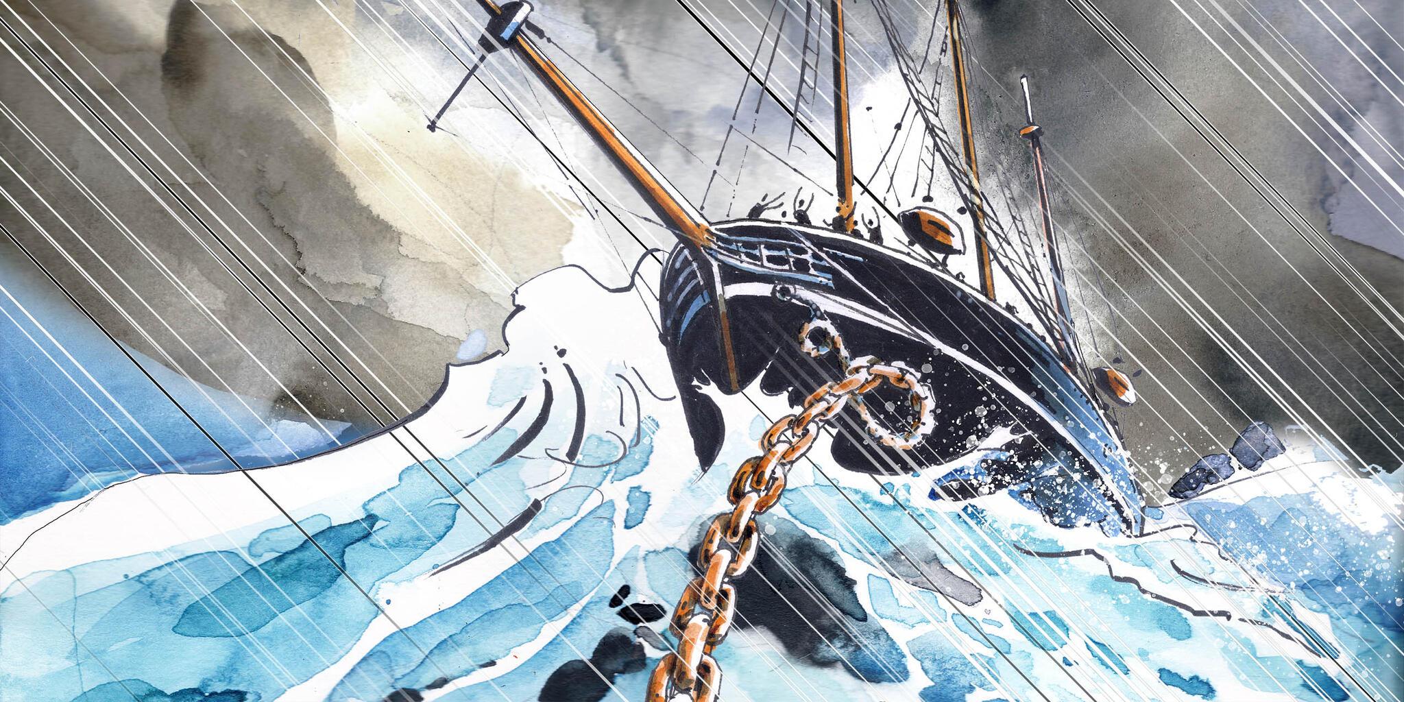 illustration of the bow of a tall ship in a storm, with a chain coming out towards the viewer.