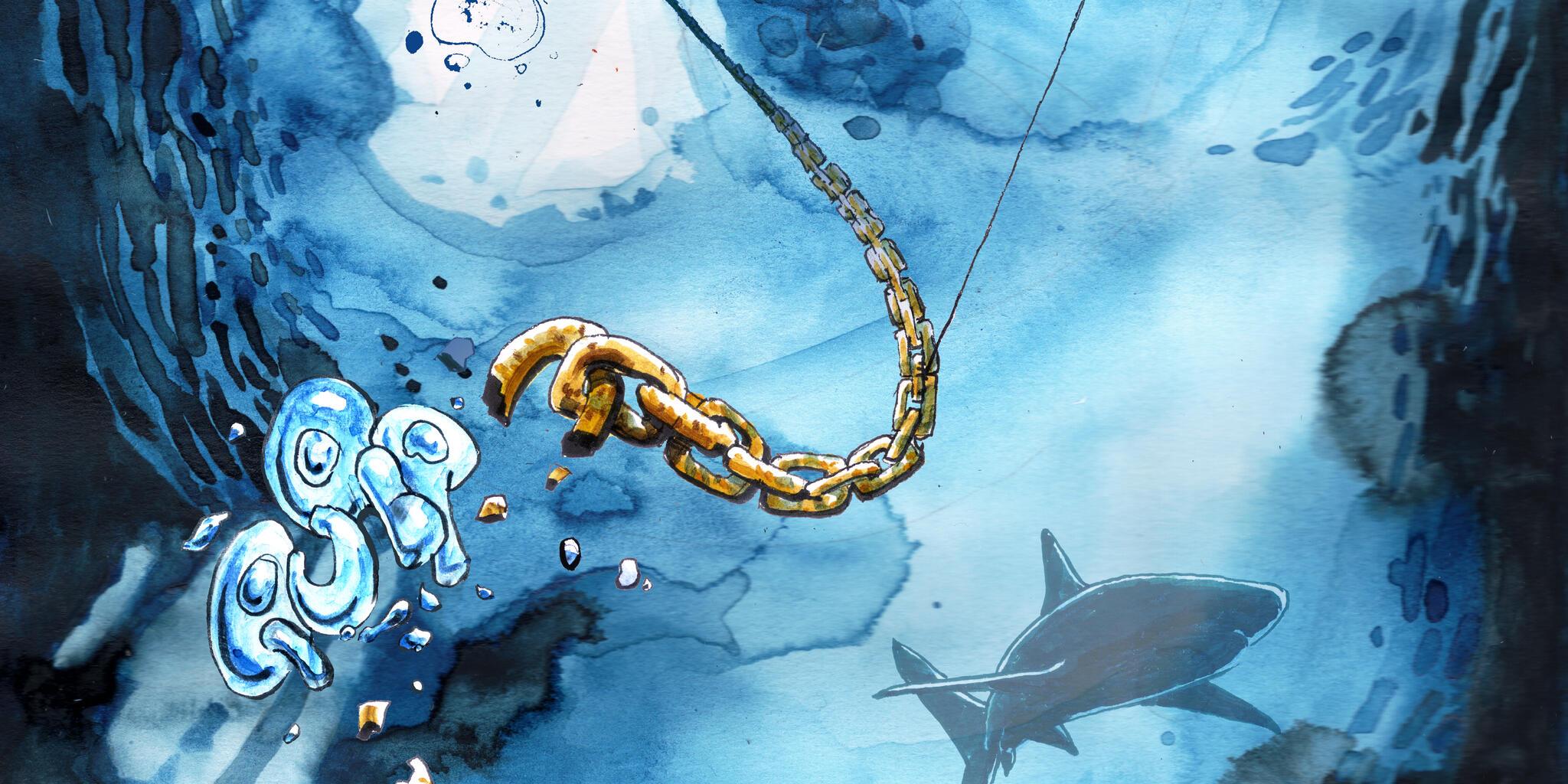 An artwork showing underwater with a chain breaking, the hull of a ship and the silhouette of a shark. 