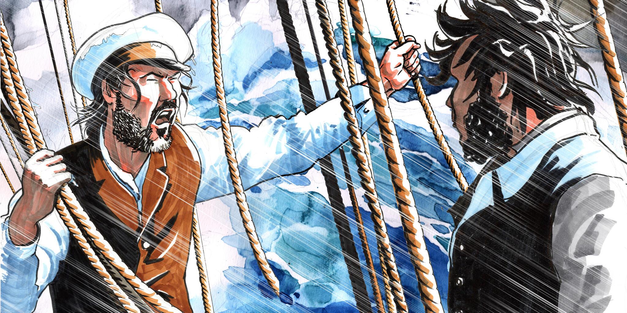 Artwork showing 2 sailors with waves in the background