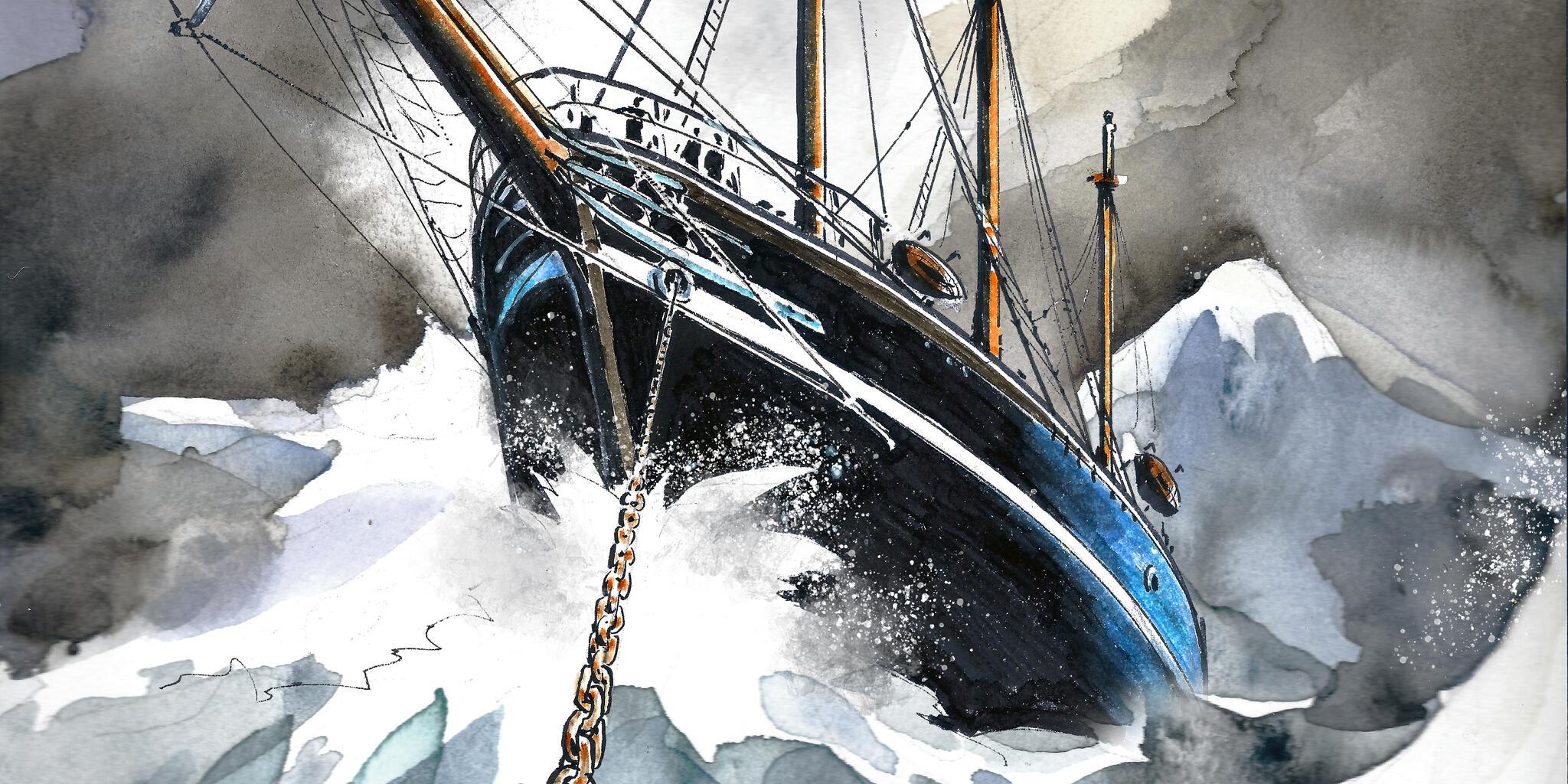 artwork showing a low angle of the bow of a ship, with a chain our the front going into the waves and a grey sky. 