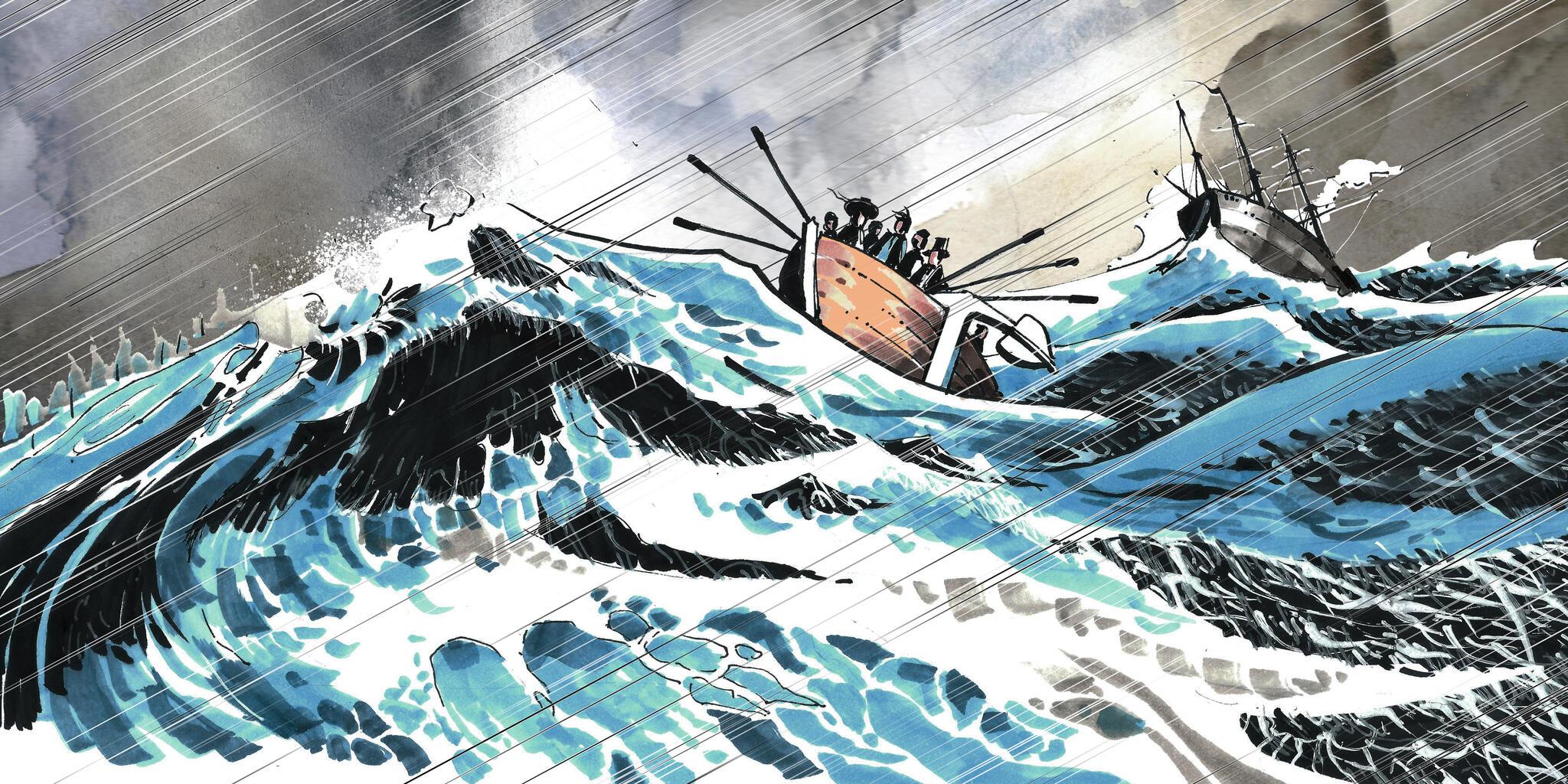 Artwork showing a small rowing boat on a story sea with large waves. 