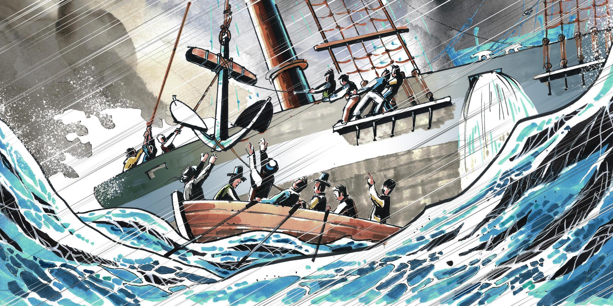 Artwork showing sailors loading an anchor off a ship into a small boat in a storm