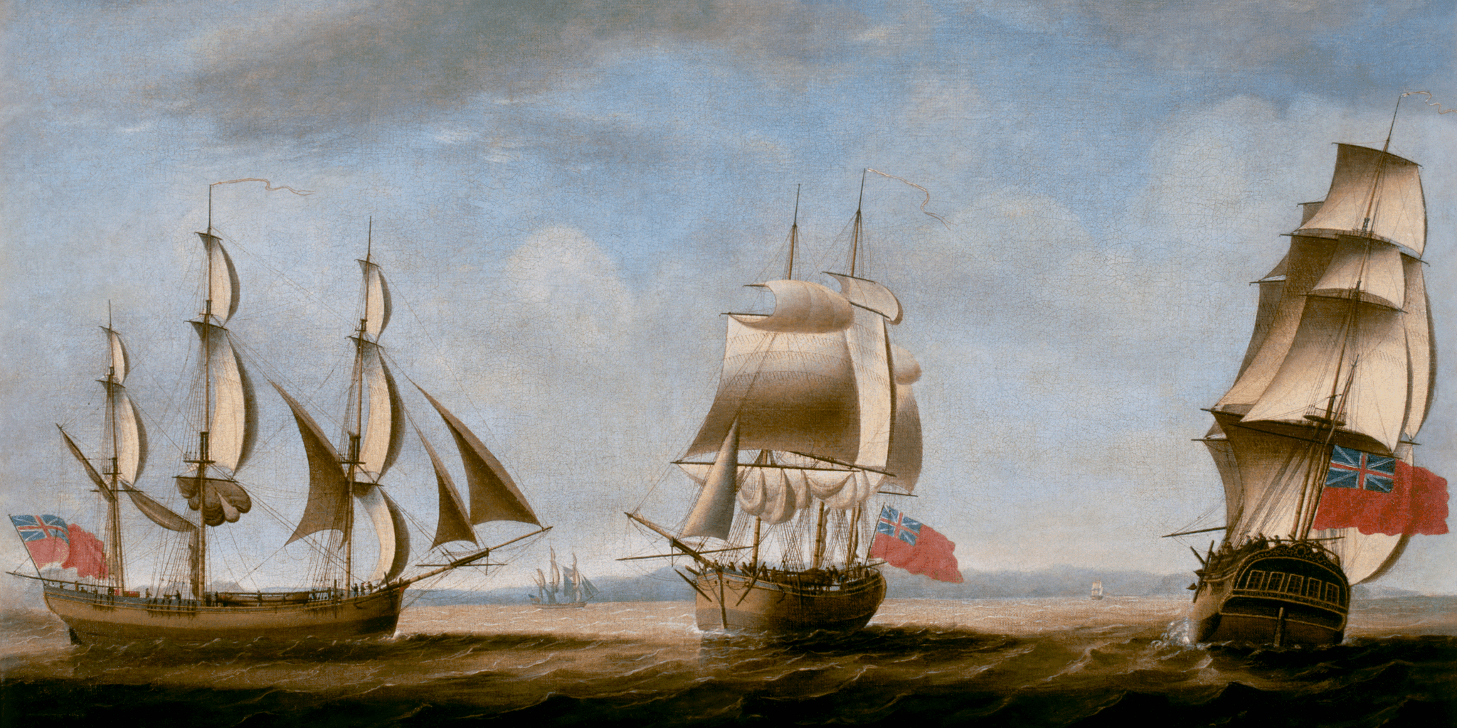 Tall ship - a three masted, wooden square rigged merchant storeship, is depicted in three positions.