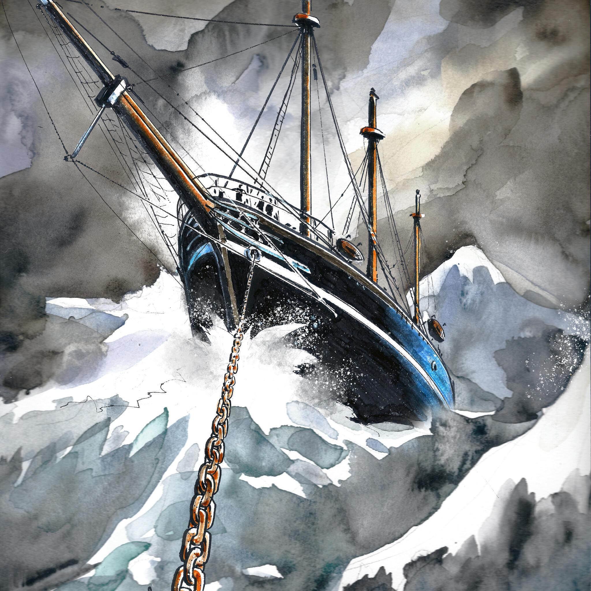 artwork showing a low angle of the bow of a ship, with a chain our the front going into the waves and a grey sky. 