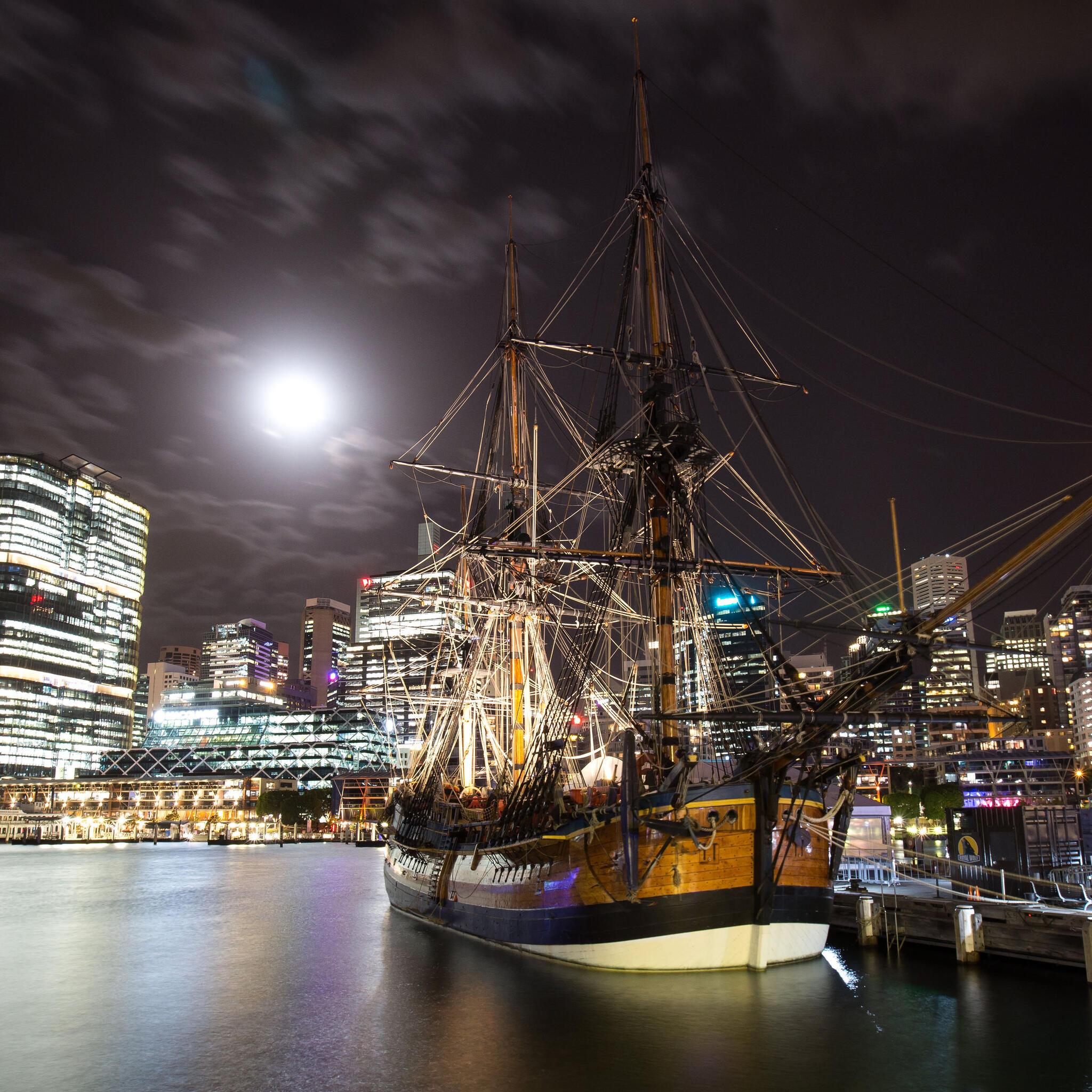 HMB ENDEAVOUR at night, 2019. City lights and Barangaroo site in background