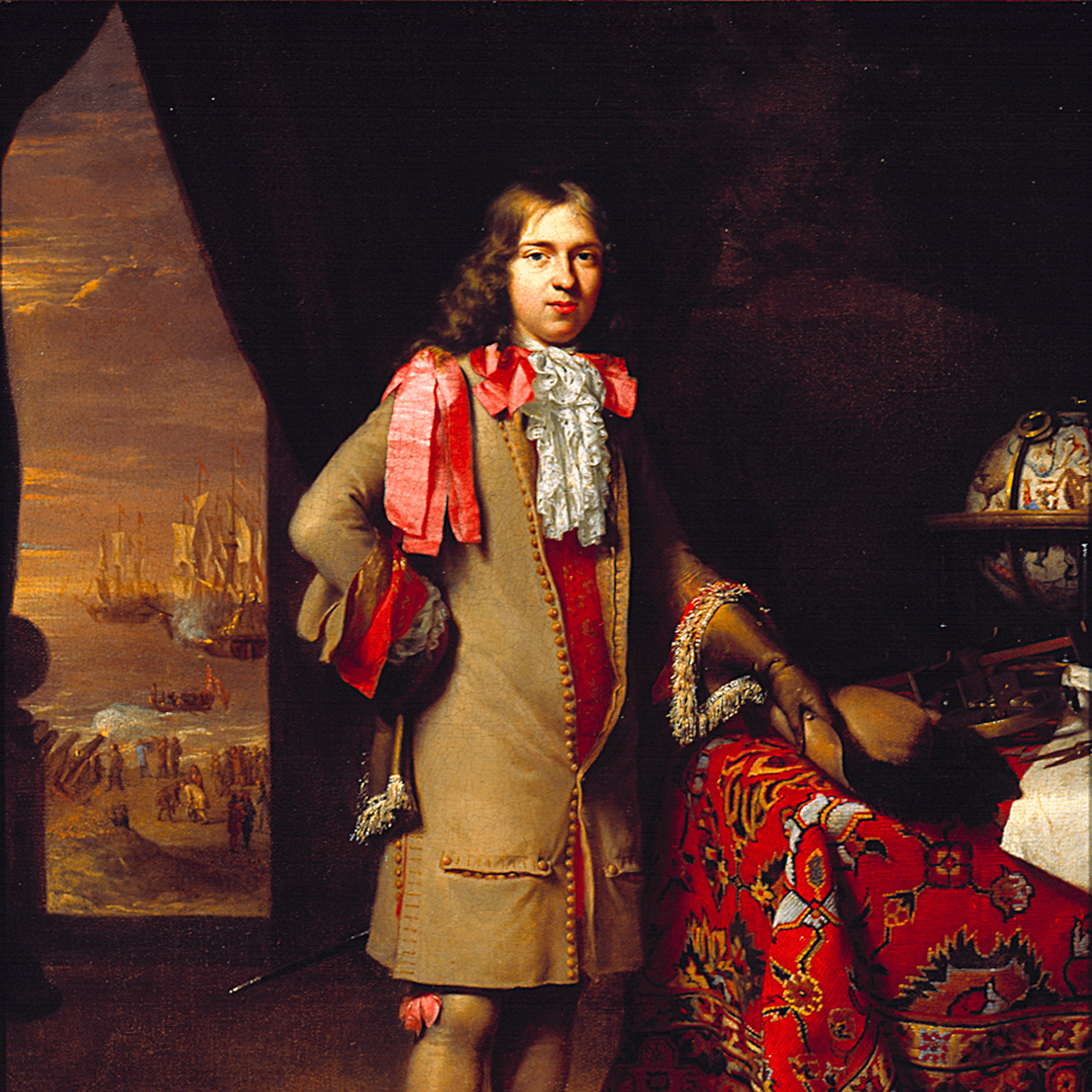 A portrait of a man with long hair standing in the middle, wearing a brown coat with red ribbons. To the left there is an open door, showing boats in the background, and to the right is a globe. 