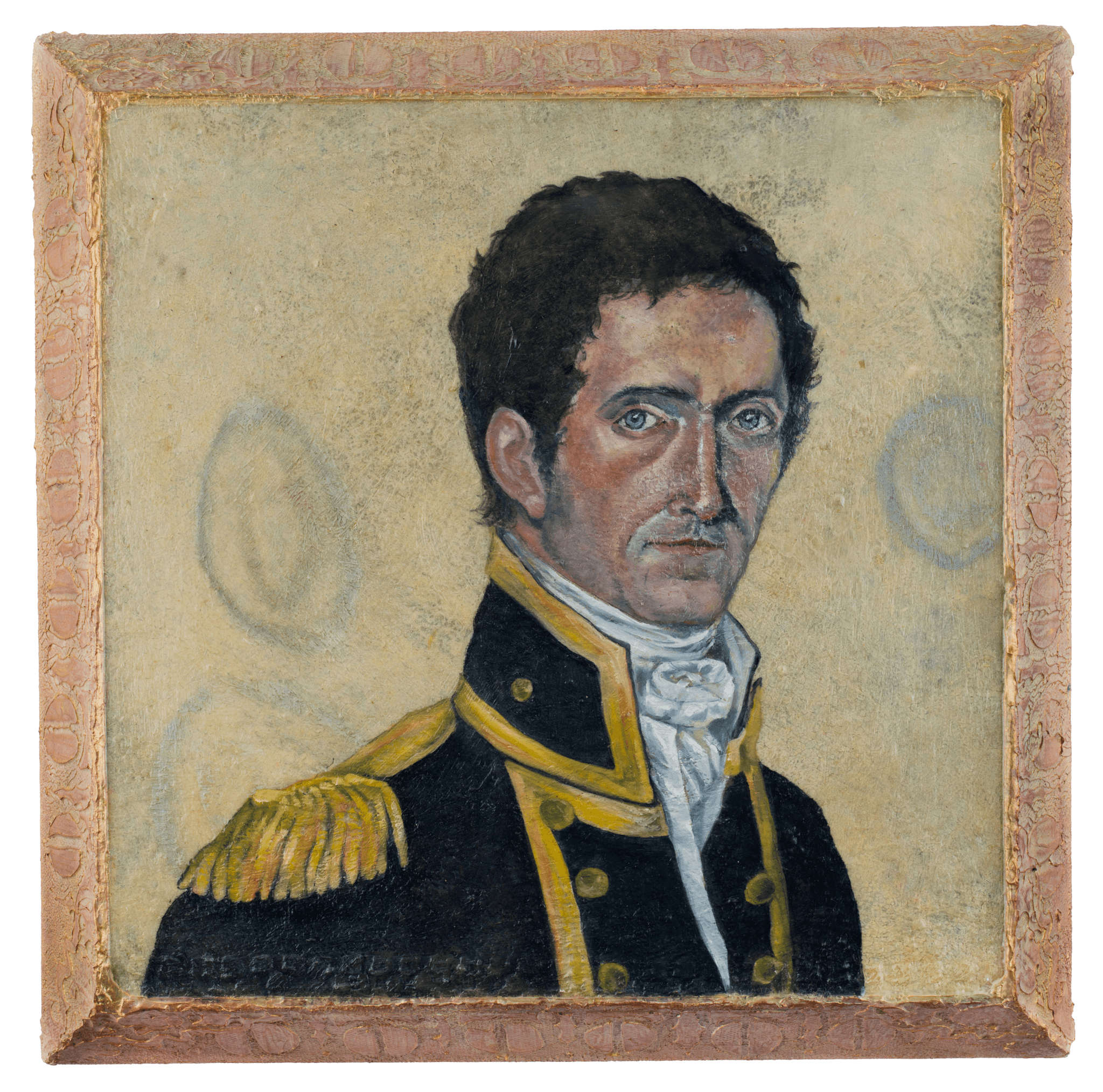 Paining showing Matthew Flinders, a white man with short, dark hair and a fancy blue and gold jacket