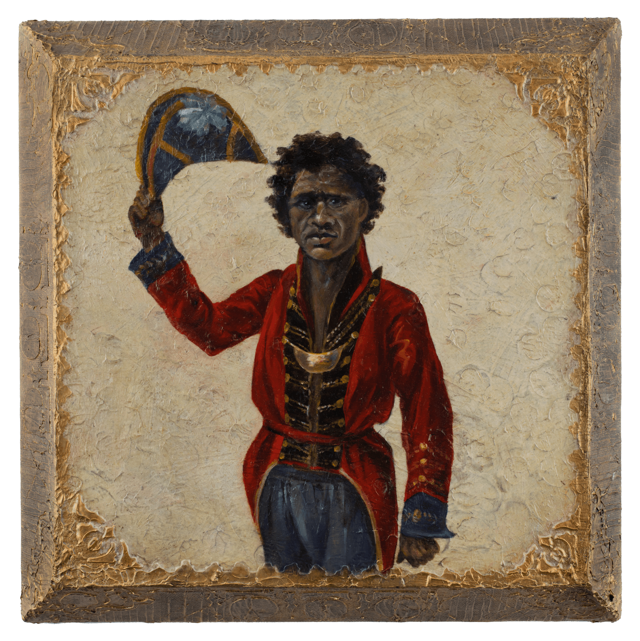 A painting showing Bungaree, and indigionus man with dark skin and hair wearing a red, european coat and holding a hat