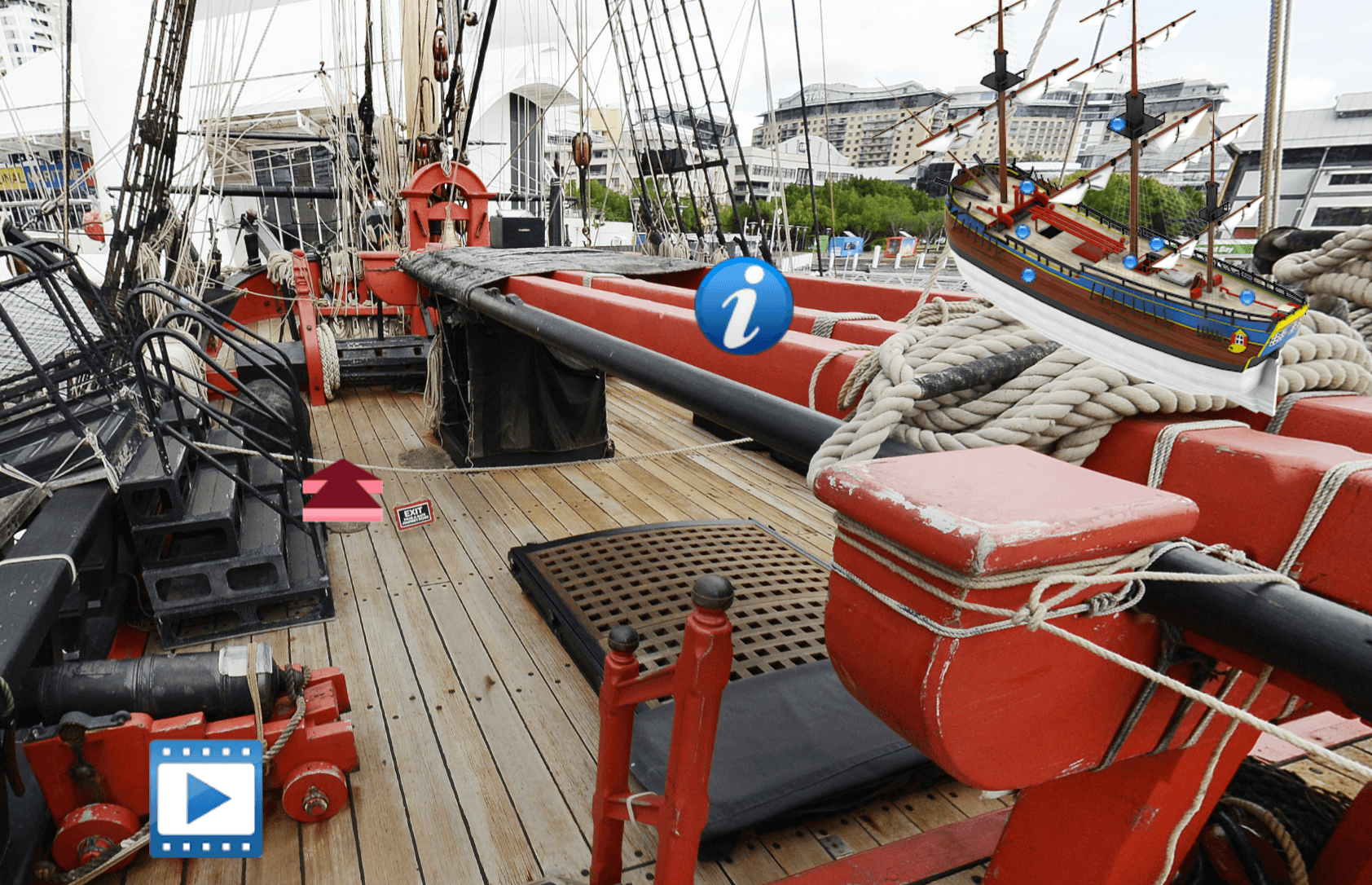 screenshot of virtual endeavour tour showing the top deck of a sailing ship