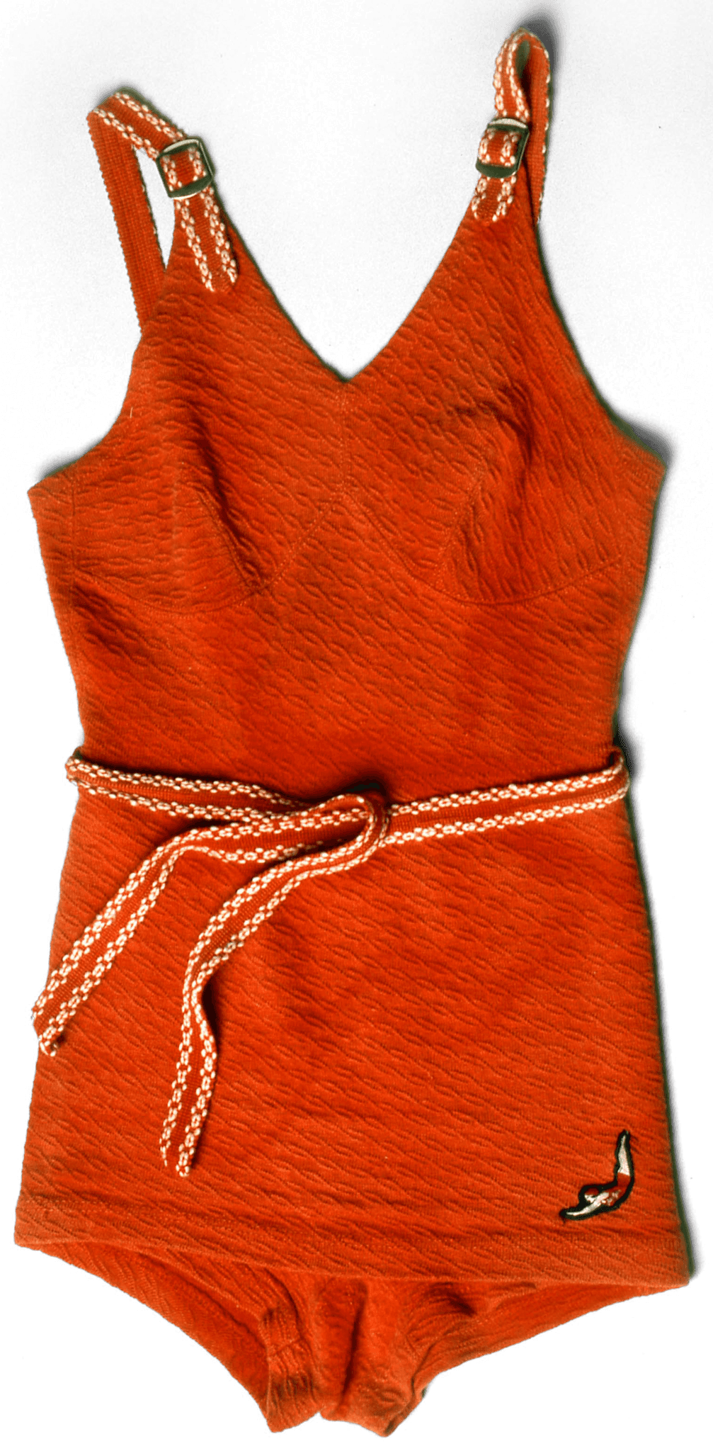 Orange one peice swimsuit with orange and white belt and straps.