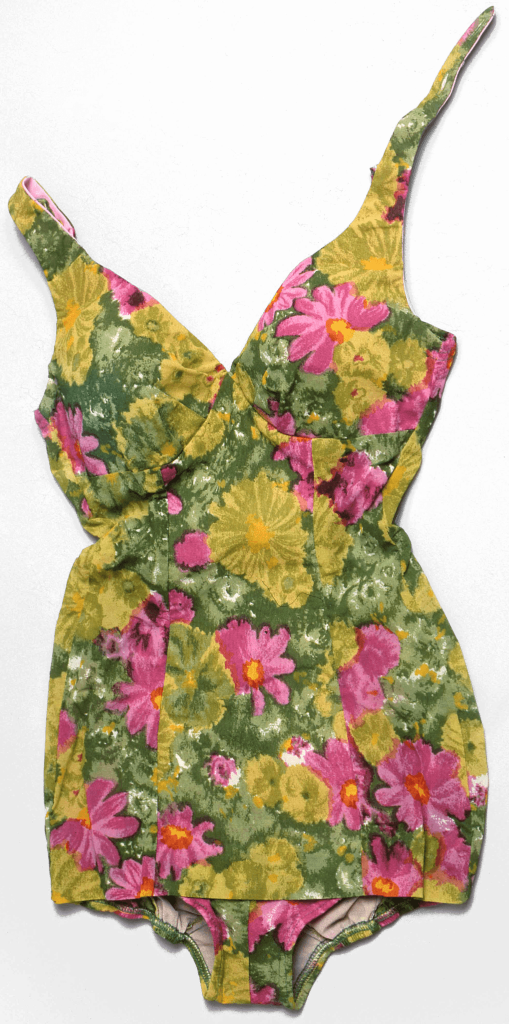 Floral one peice swimsuit. Yellow and green with pink flowers.