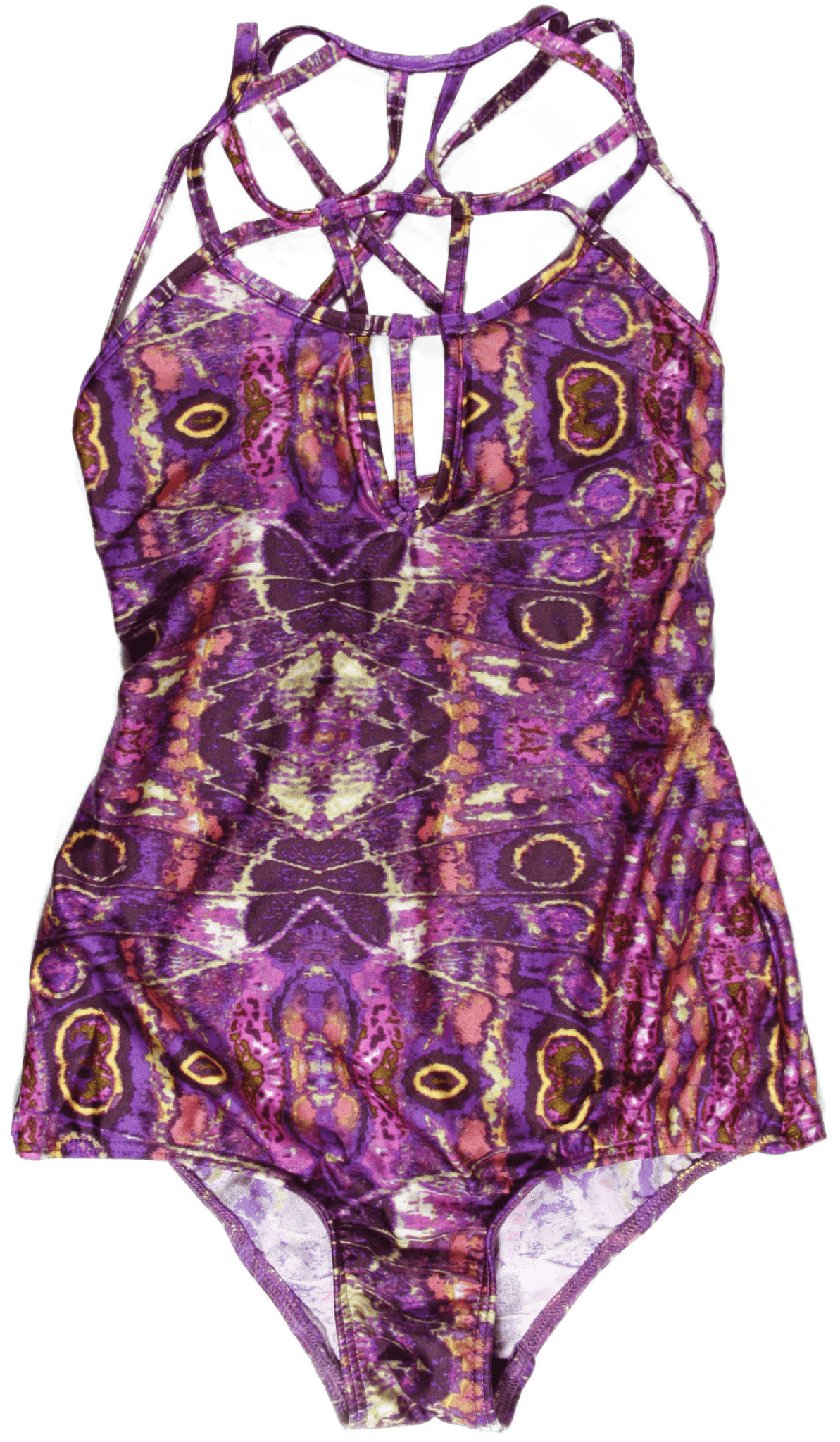 One peice modern swimsuit with a purple and pink butterfly pattern.