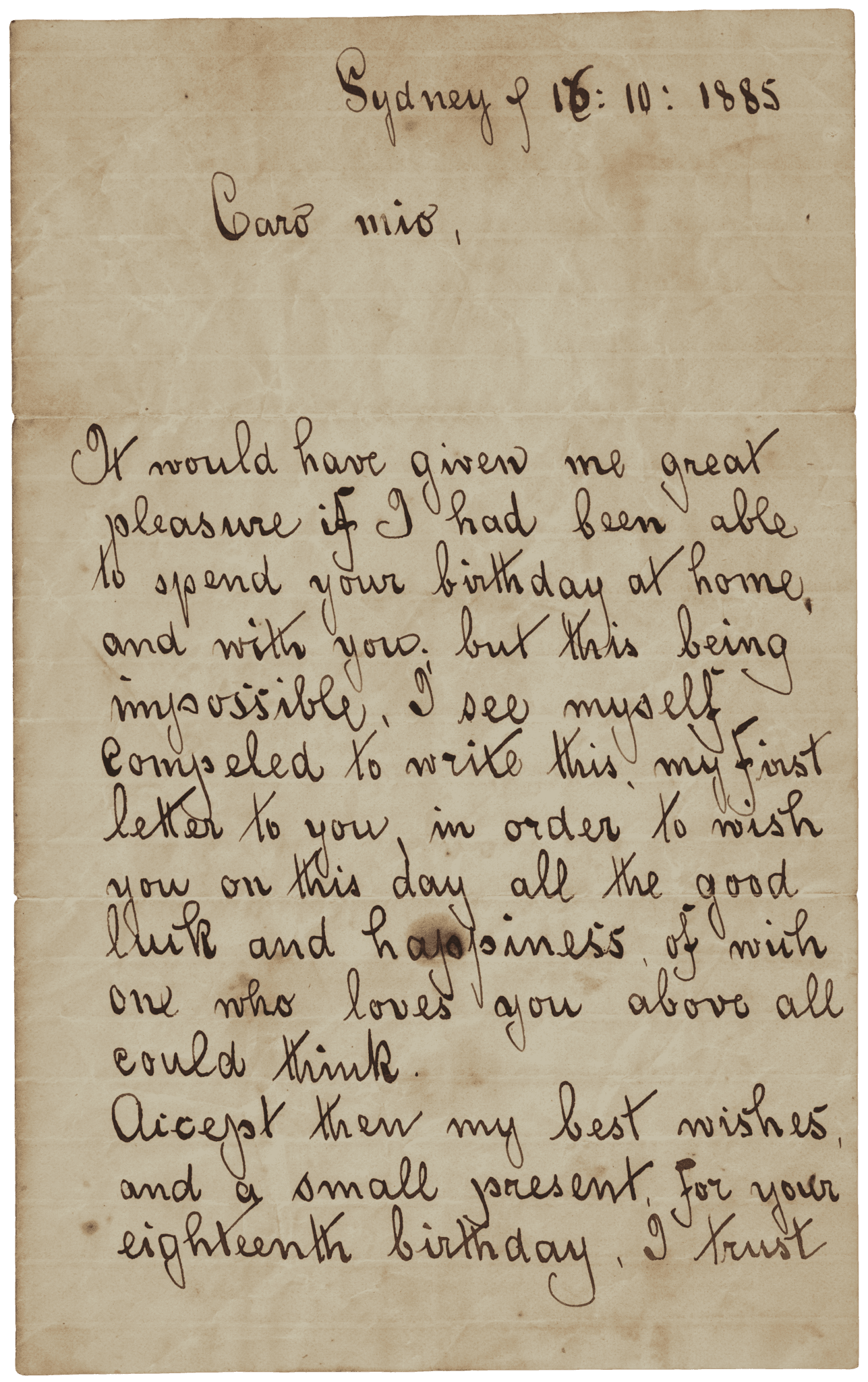 Love letter written in cursive a script on yellowing paper 