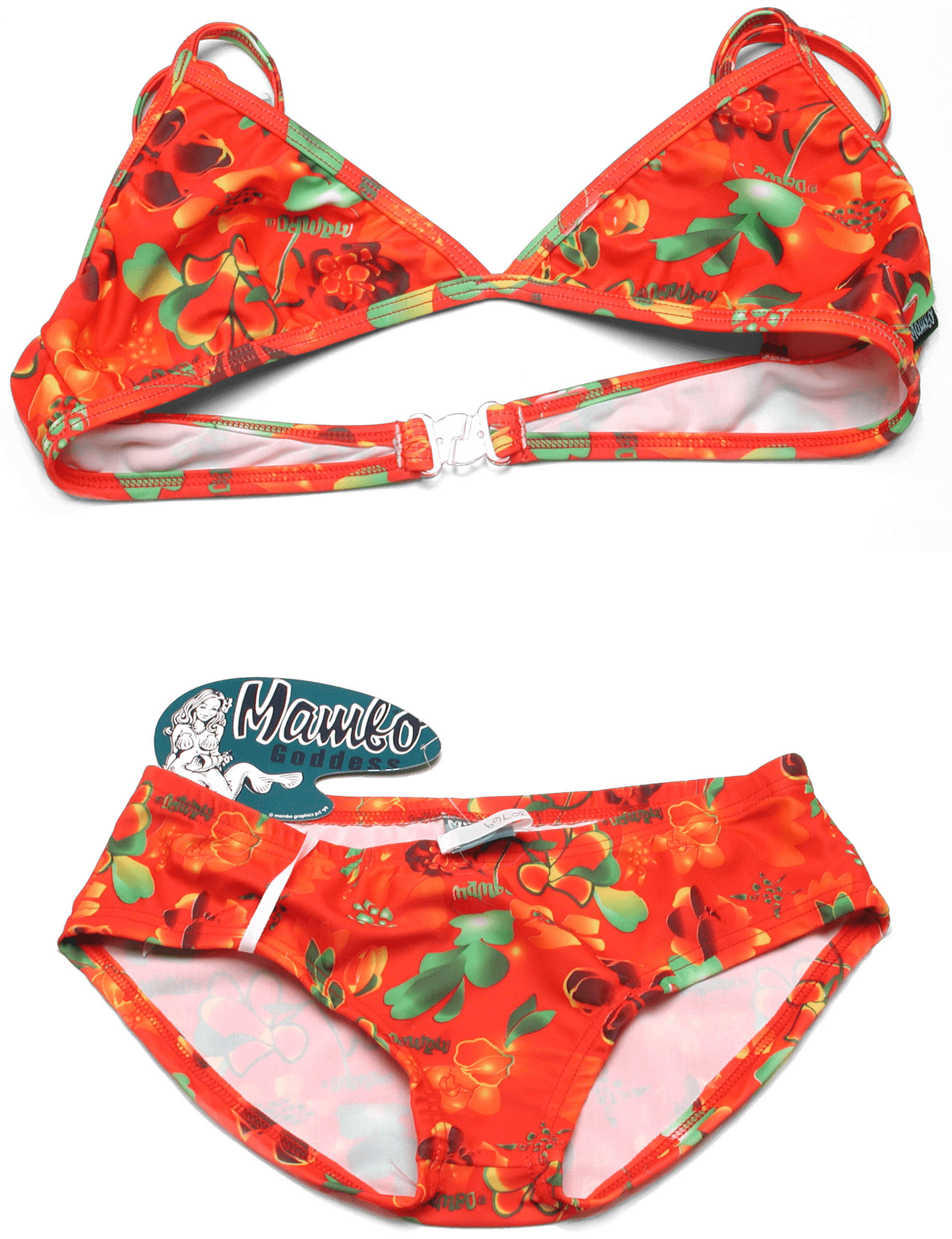 Orange patterened bikini with a tag that says Mambo