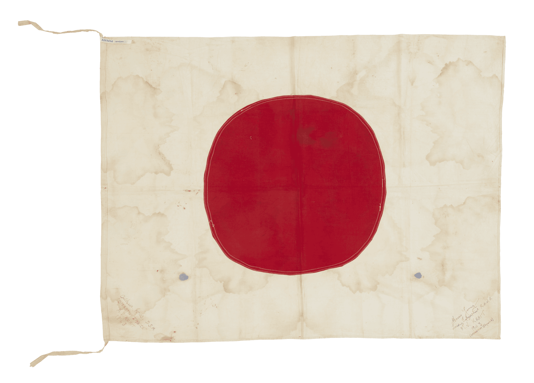 Japanese ensign - Off white flag with a large red circle in the middle. There are small hand written signitues on the lower left and right corners.