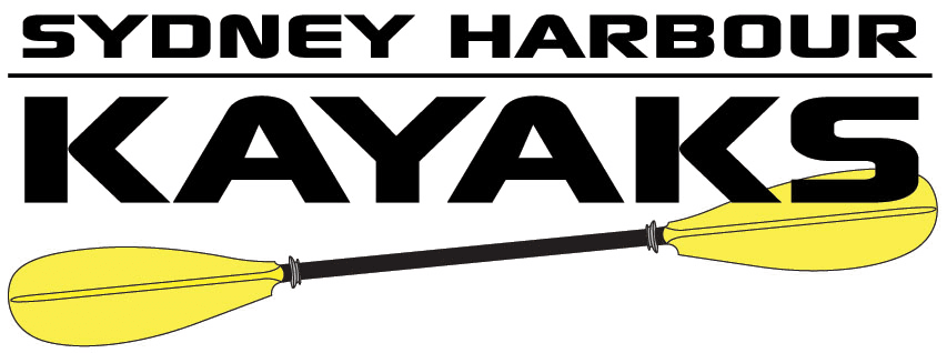 Logo for Sydney Harbour Kayaks, with black text and a yellow double ended paddle 