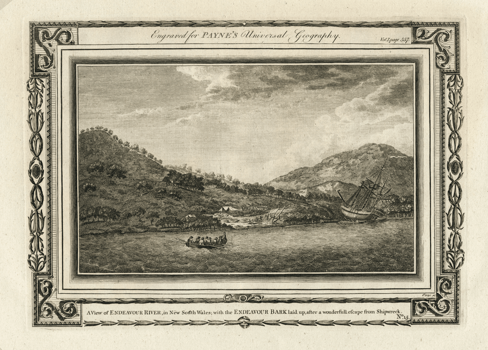 Engraving depicts the ship ENDEAVOUR bark laid on the shore of the Endeavour River in New South Wales, a rowing boat full with men row towards the ship, ship's anchors are visible in a clearing where men are working and have pitched their tents.