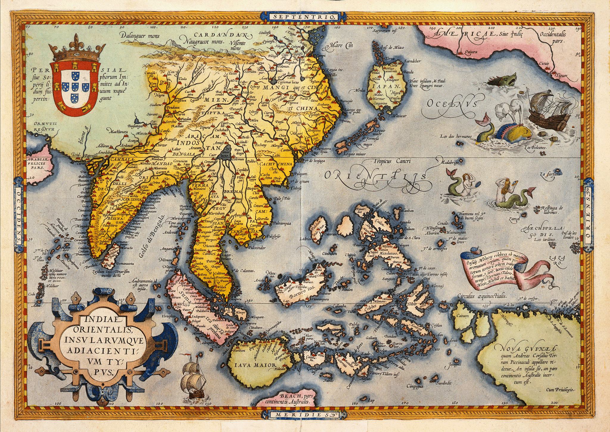 Old Map depicting Indonesia (Java, Borneo, Celebes, Moluccas, Philippines, New Guinea) and a land mass south of Java that could be Australia described as 'BEACH, pars continentis Australis'. India, China, Japan and North America are also depicted.