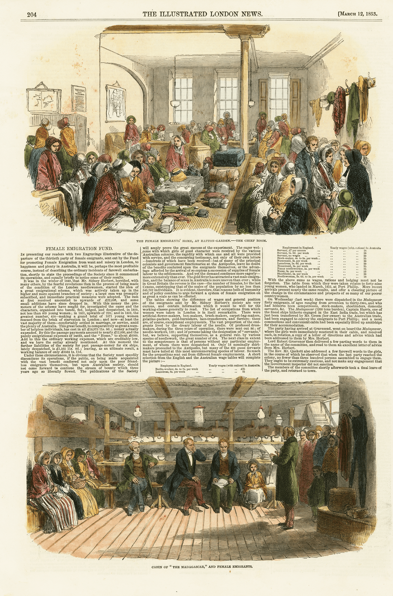 Newspaper page featuring an article 'Female Emigration Fund' and two coloured engravings 