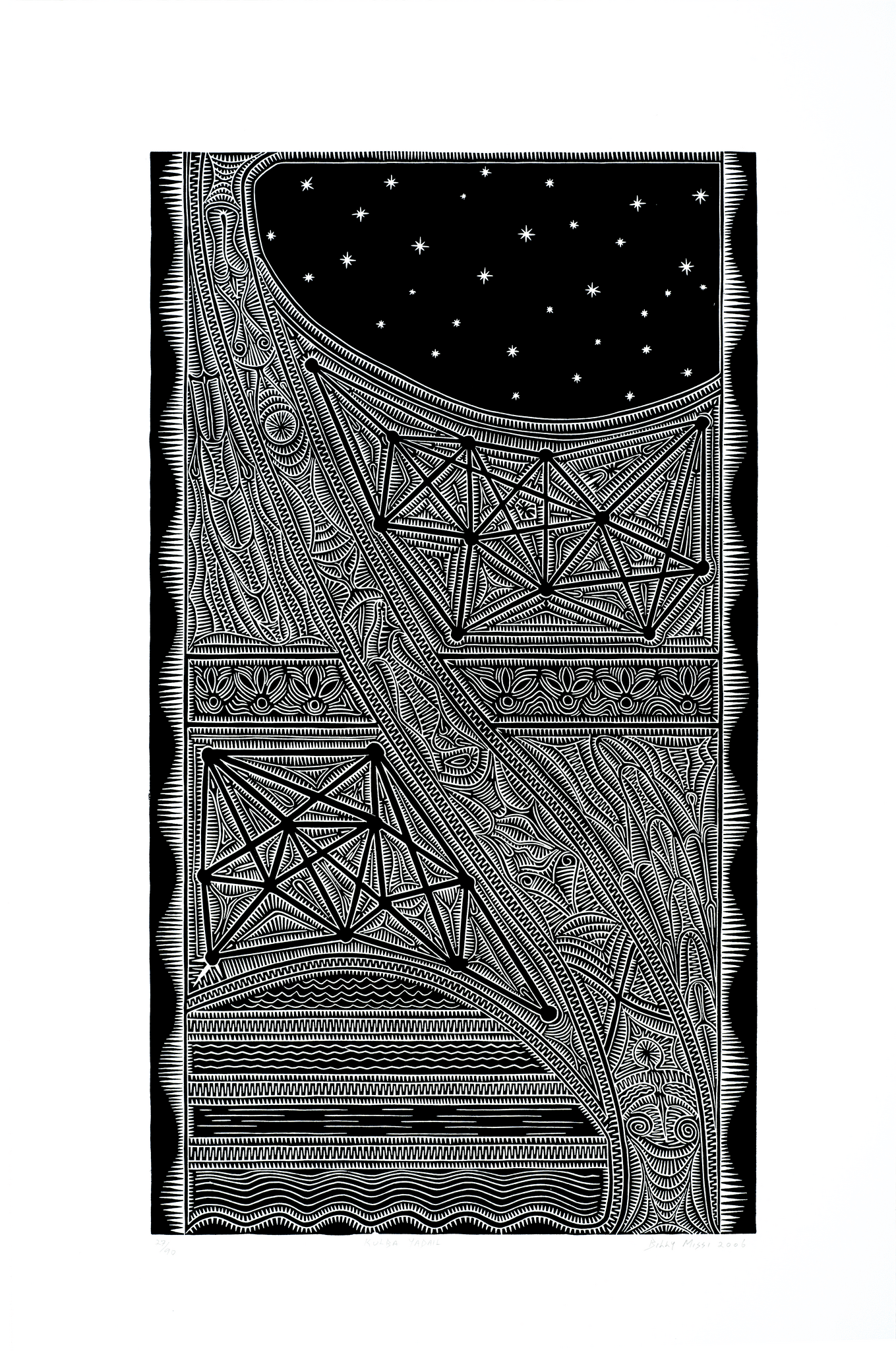 Black linocut print on white paper, depicting a black sky with white star constellations, and a swaying pattern that runs diagonally from the top left-hand to bottom right-hand corners.