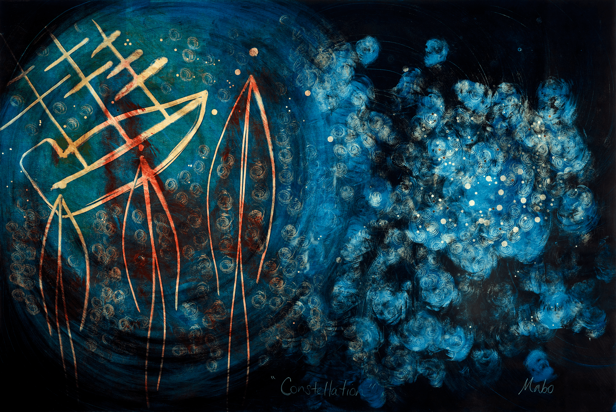 Artwork depicting a vast night sky illuminated by a spinning constellation sprinkled with whirling stars, three glowing orange forms and a tall ship representing the European incursion into this world