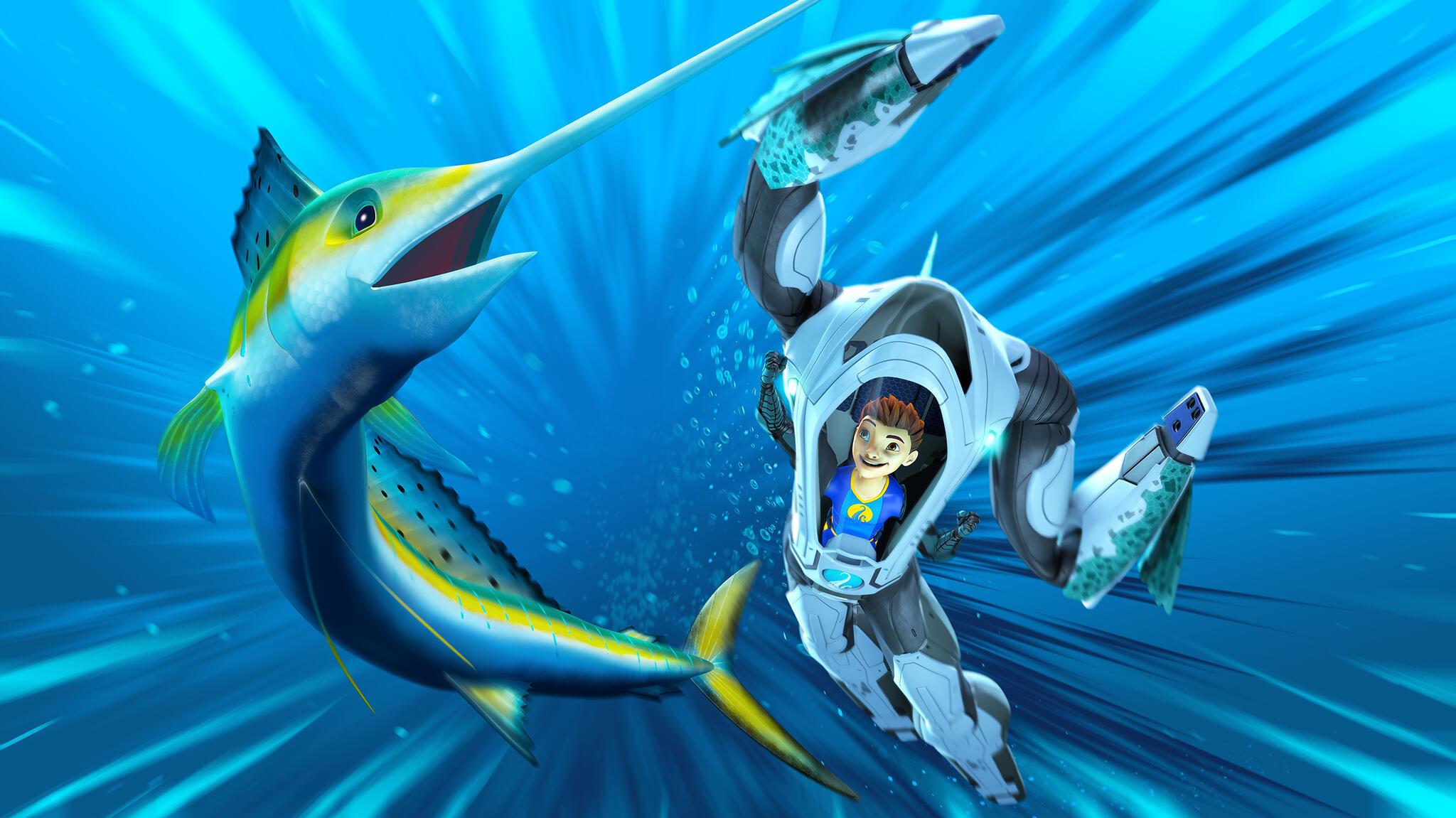 Promotional image for The Deep showing a boy in an underwater mech suit and a large swordfish. 