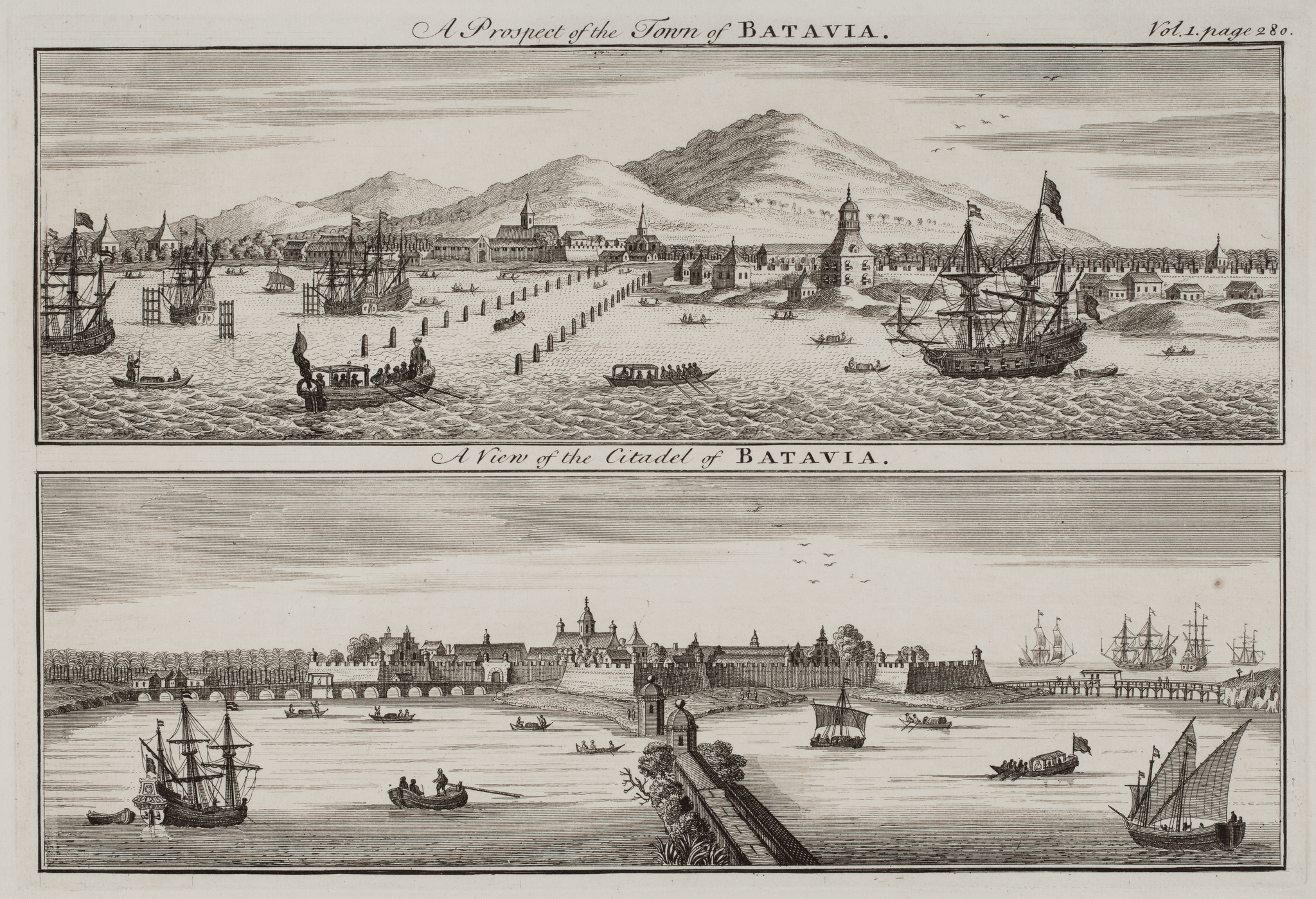 2 images.  The engraving along the top titled 'Prospect of the Town of Batavia' shows the roads and port of Batavia with the city in the background. The engraving along the bottom titled 'A View of the Citadel of Batavia' depicts the citadel and an inner harbour.