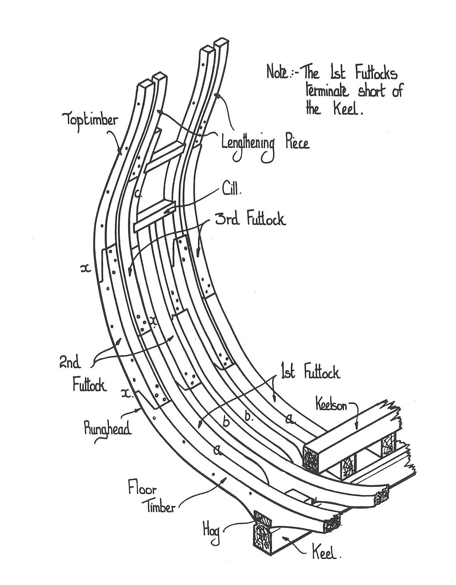 Schematic of centreline and framing timbers used to construct the lower hull of an eighteenth-century ship. Image © Peter Goodwin 1997, ‘The Construction and Fitting of the Sailing Man-of-War, 1650-1850’, 