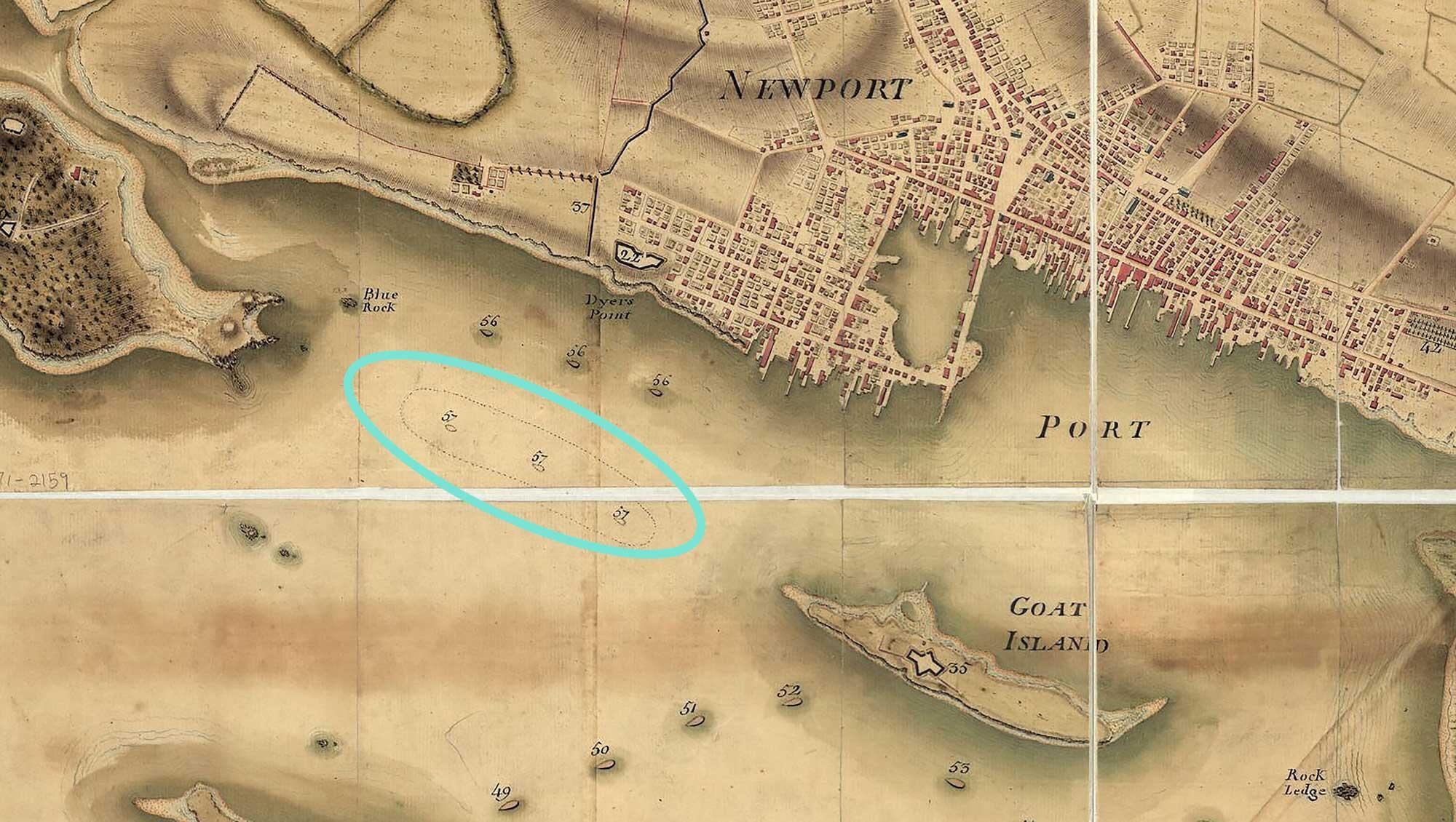 Section of French archival map entitled Prise de Newport par d'Estaing, 1778: 2. Embossage de Ternay à Newport, 1780, showing the location of the scuttled transports (including Lord Sandwich) between Goat Island and Newport’s North Battery. 