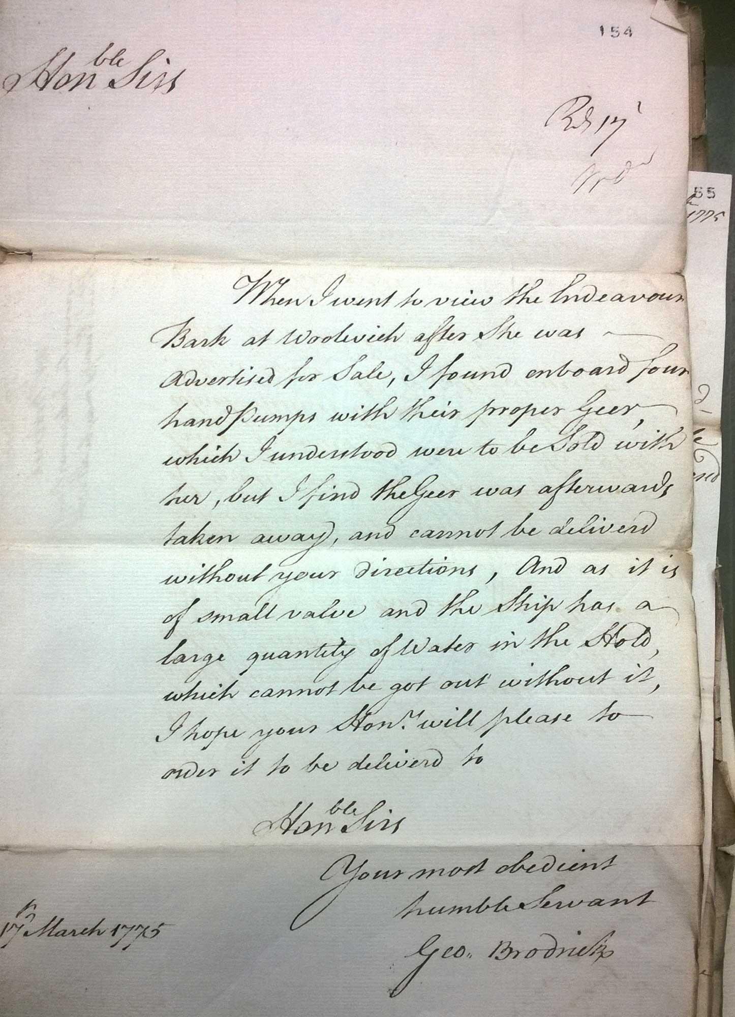 Letter written by George Brodrick on 17 March 1775 to the British Admiralty requesting the return of Endeavour’s bilge pumps. The pumps were present on the vessel at the time it was first viewed by Brodrick at Woolwich Dockyard but removed by the time he purchased it. 