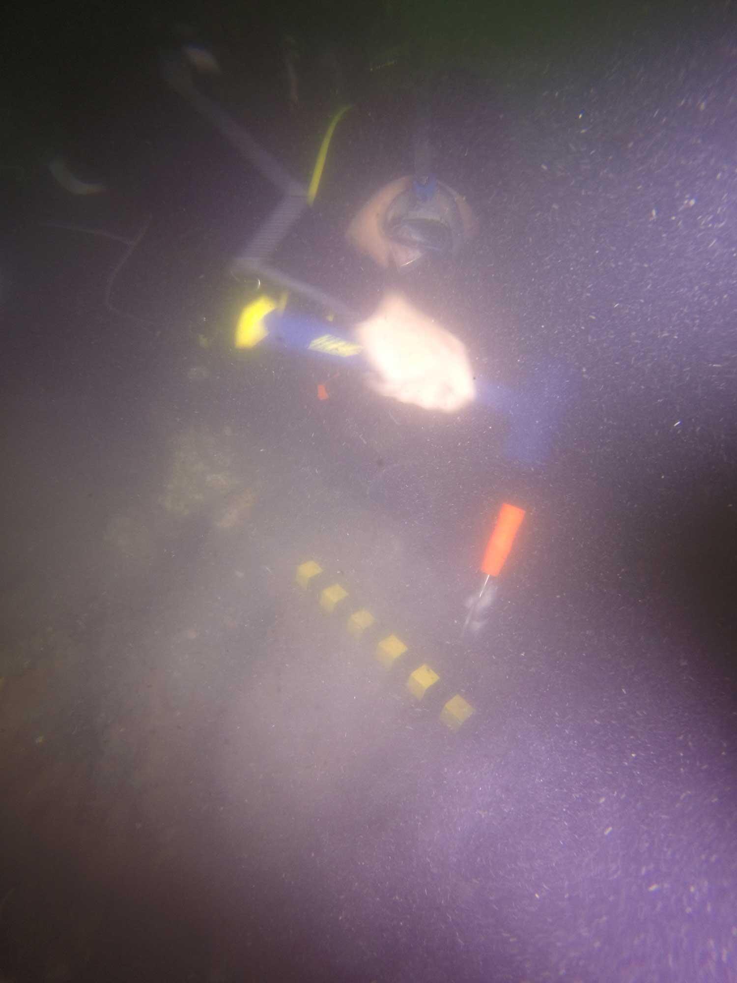 Kieran Hosty uses a hammer and chisel to remove a timber sample from a frame in RI 2394’s midships area. 