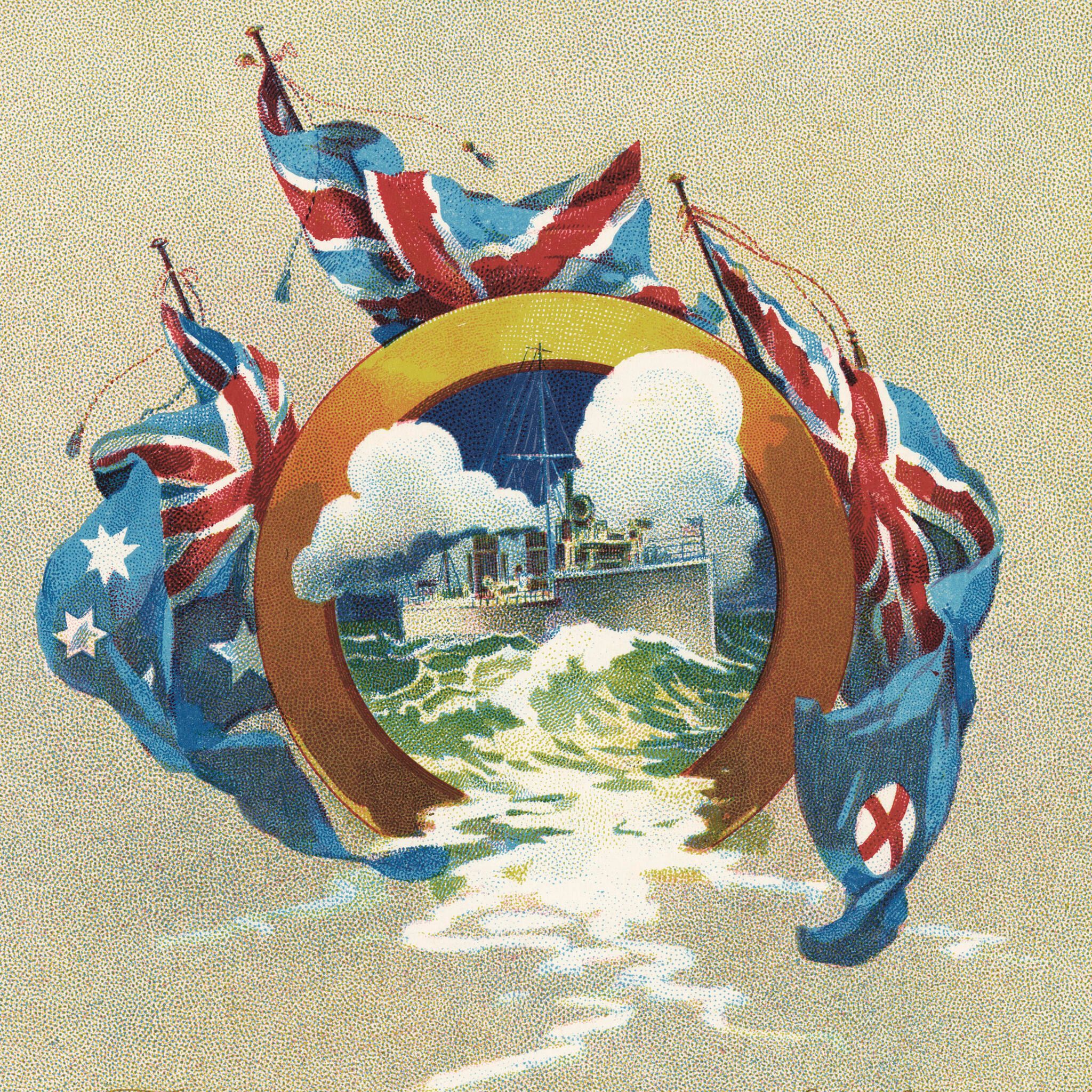 Illustration of a grey warship on the water within a golden circular frame. This frame is flanked by three flags; the Australian flag, the British flag and the New South Wales flag.