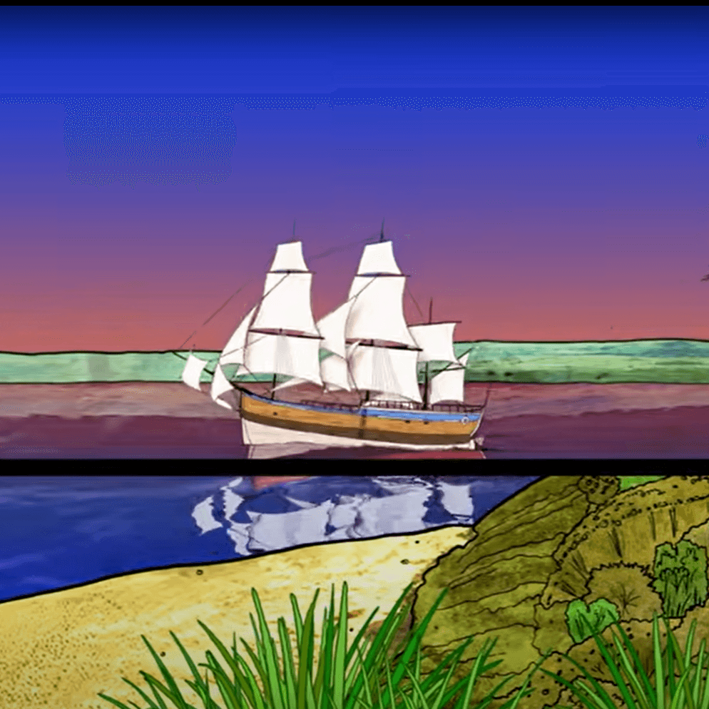 illustration of tall ship Endeavour with white sails