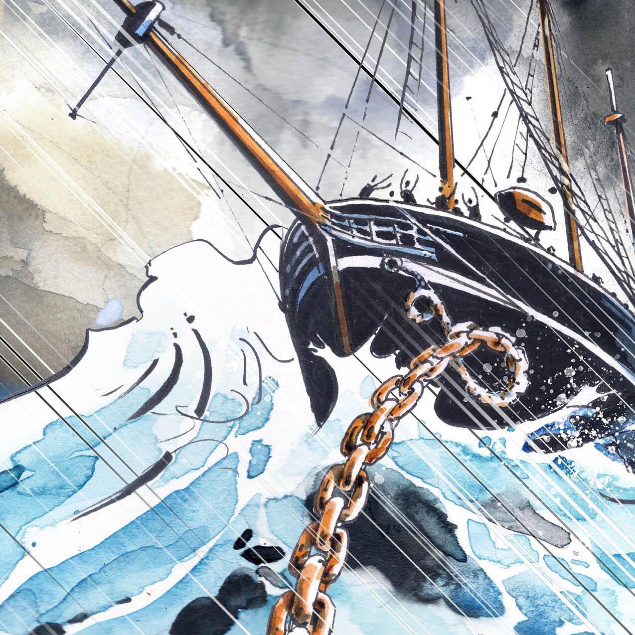 illustration of the bow of a tall ship in a storm, with a chain coming out towards the viewer.