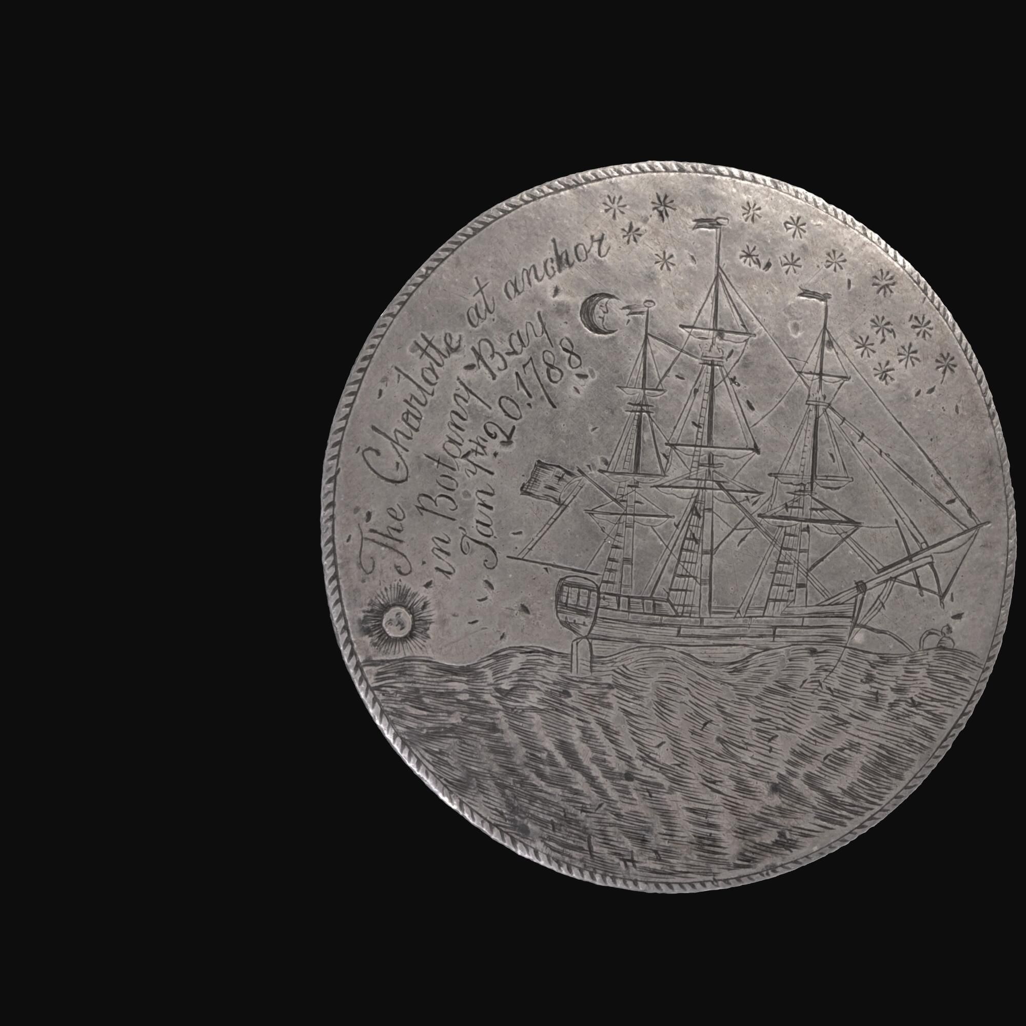 Image of 3D model of the charlotte medal; a flat silver disk with an engraving of a tall ship. 