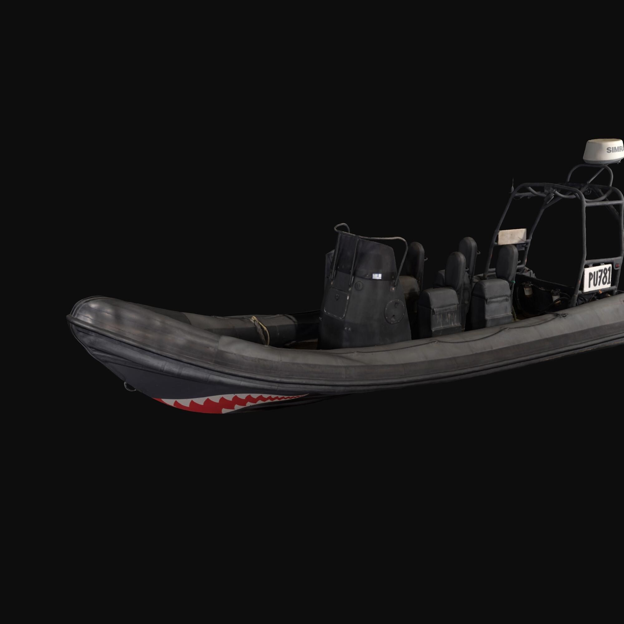 Screenshot of 3D model of a black speedboat with a red mouth painted on the bow. 