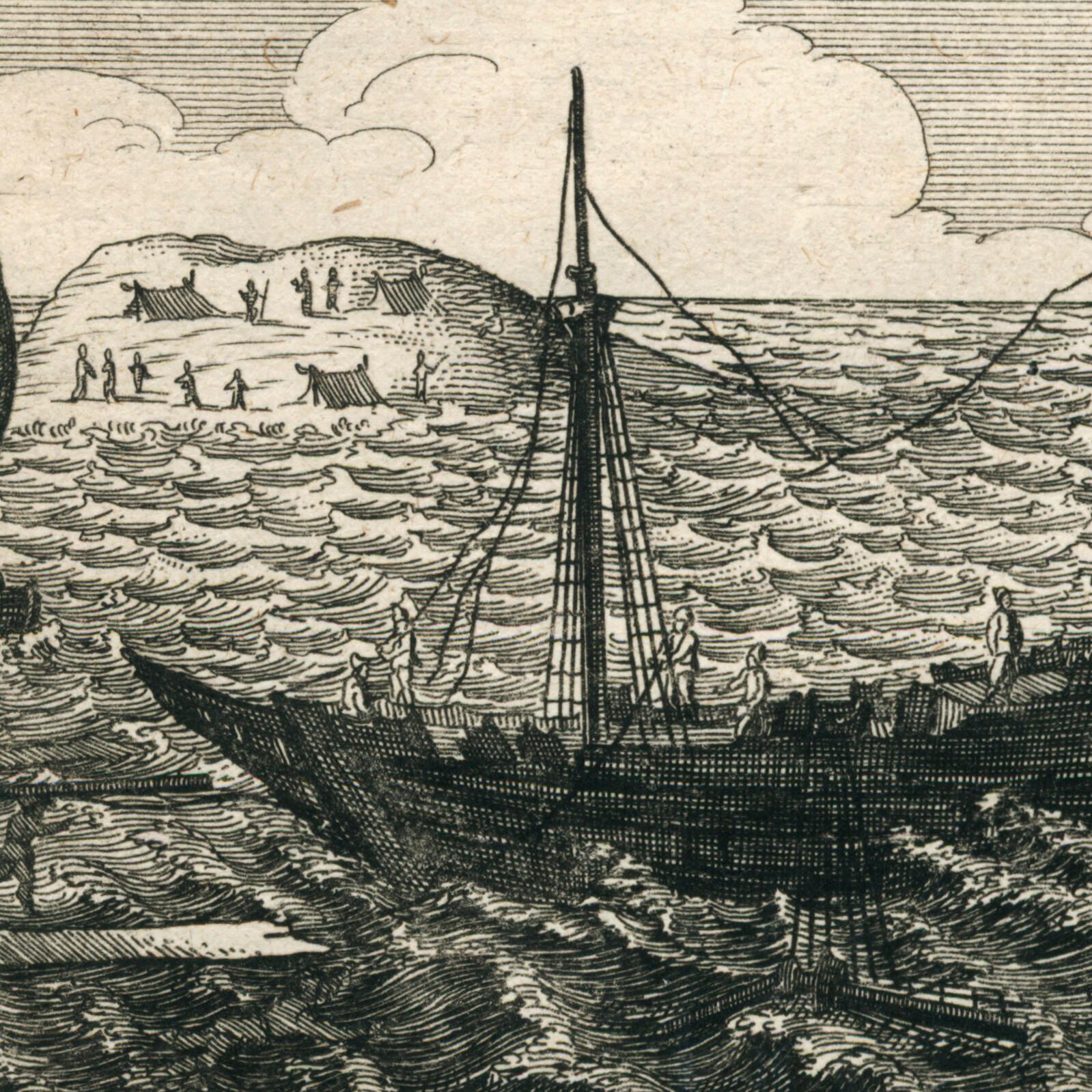 Black and white etching on yellowed paper showing a ship sinking and a small boat taking people to an island in the background. 