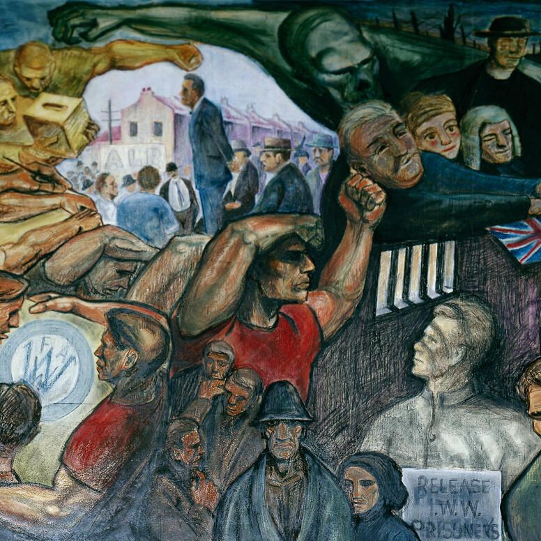 A section of a large mural with multiple figures. It celebrates the eight-hour working day. The figure with the prominent moustache on the left-hand side is famous Australian writer and poet Henry Lawson, whose work inspired unionists. This panel also depicts the foundation of the Australian Labor party at Unity Square in Balmain, Sydney, in the 1890s.